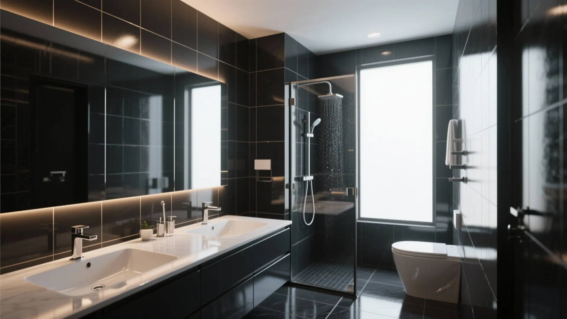 2. Glossy large-format black tiles to reduce seams