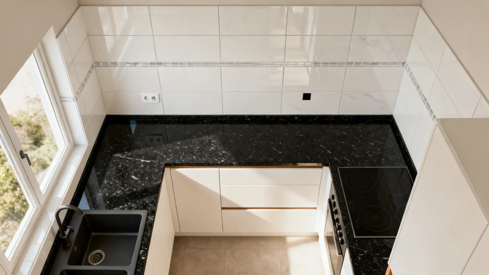 Top-down L-shaped kitchen plan showing large-format glossy backsplash layout and clean termination lines.
