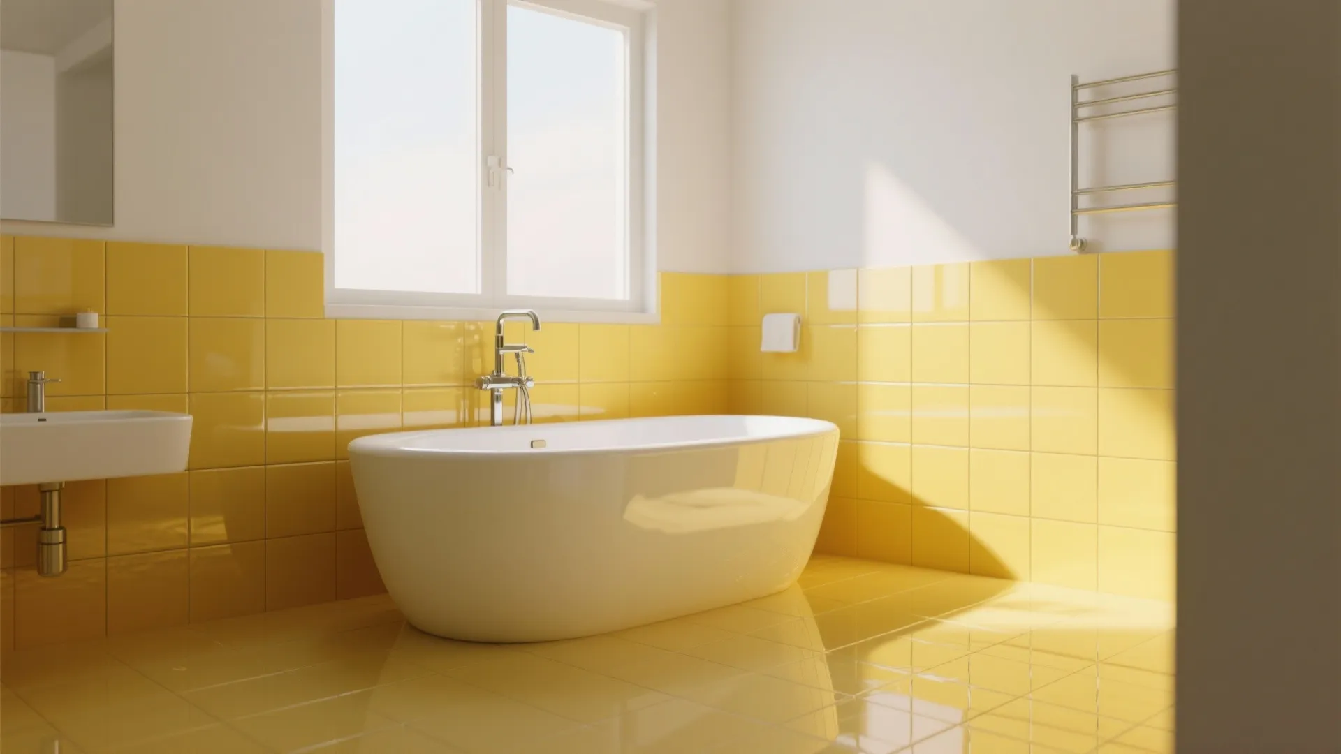 Sunlit bathroom with a white bathtub featuring yellow square tiles on the floor and walls