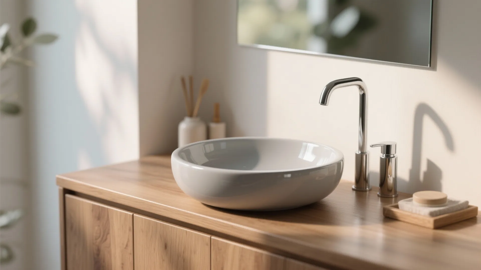 3. Glossy light-gray vessel on a wood vanity