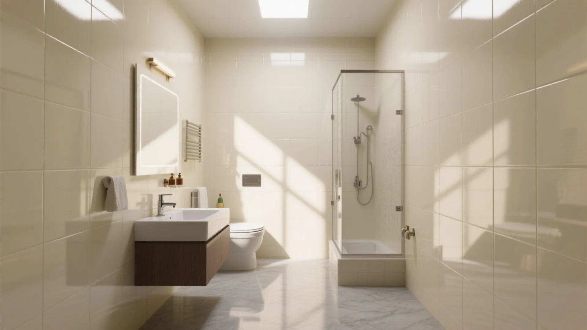 Bright bathroom with beige wall tiles glass shower room wooden cabinet and white sink area