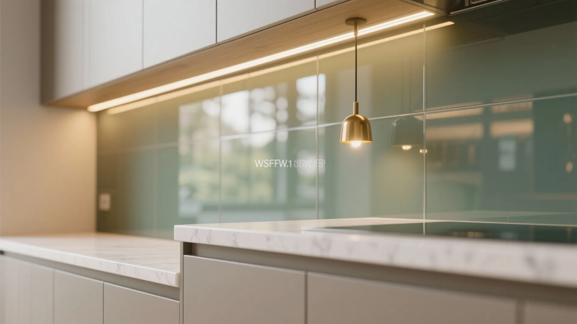Layered lighting and a glossy backsplash for depth