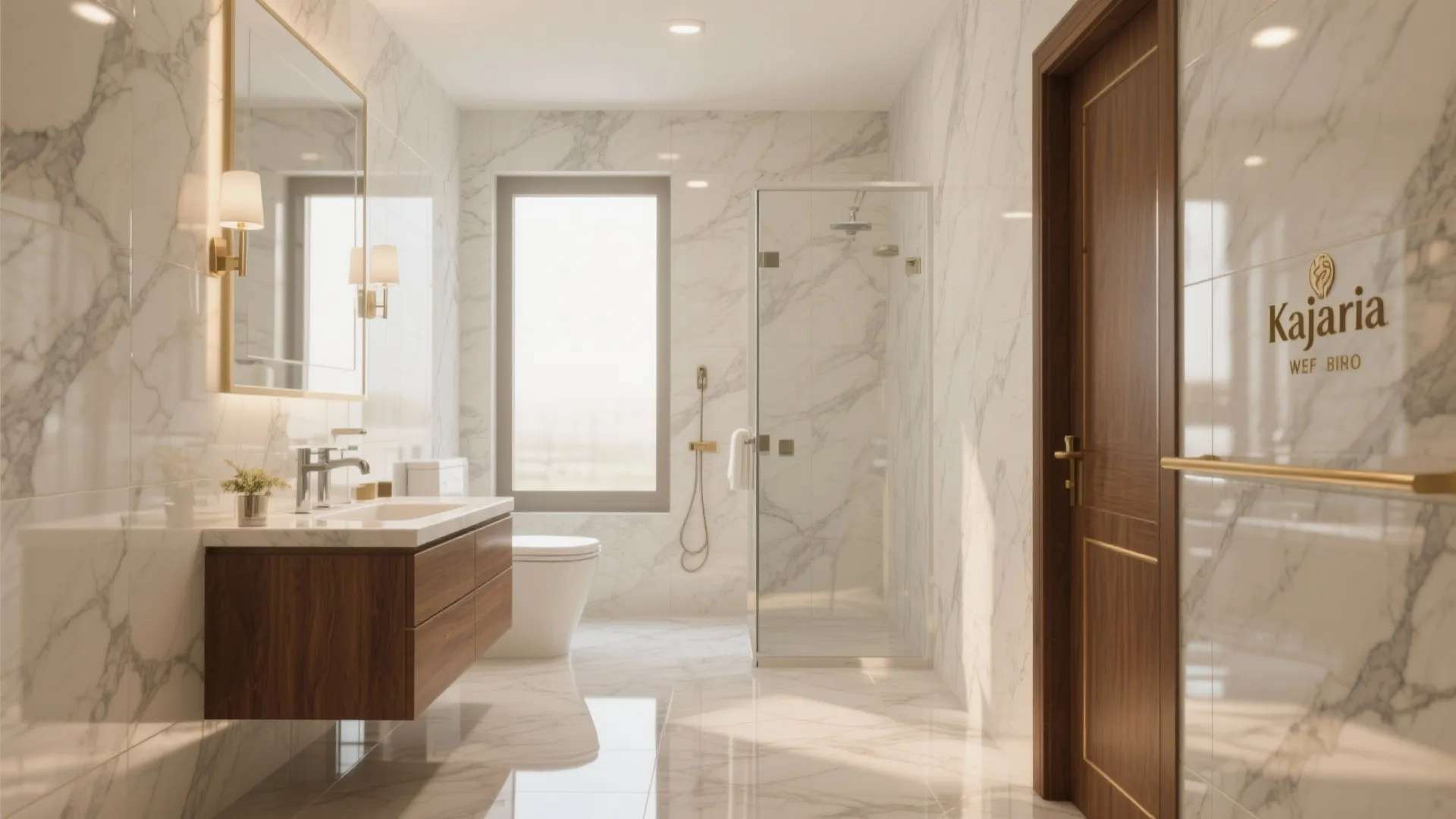 Bright bathroom with white marble tiles wooden door glass shower door and wall light fixture