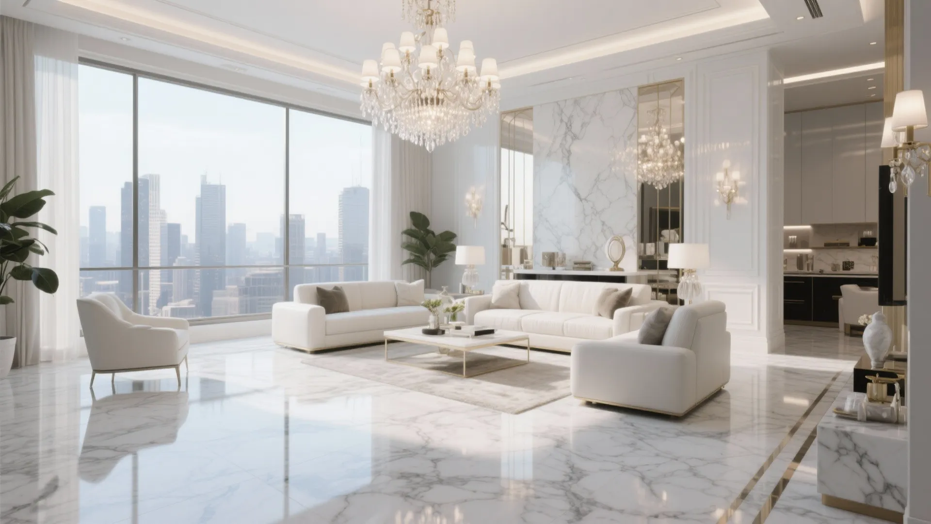 Luxury living room with glossy marble floor tiles white sofas ceiling light and city view