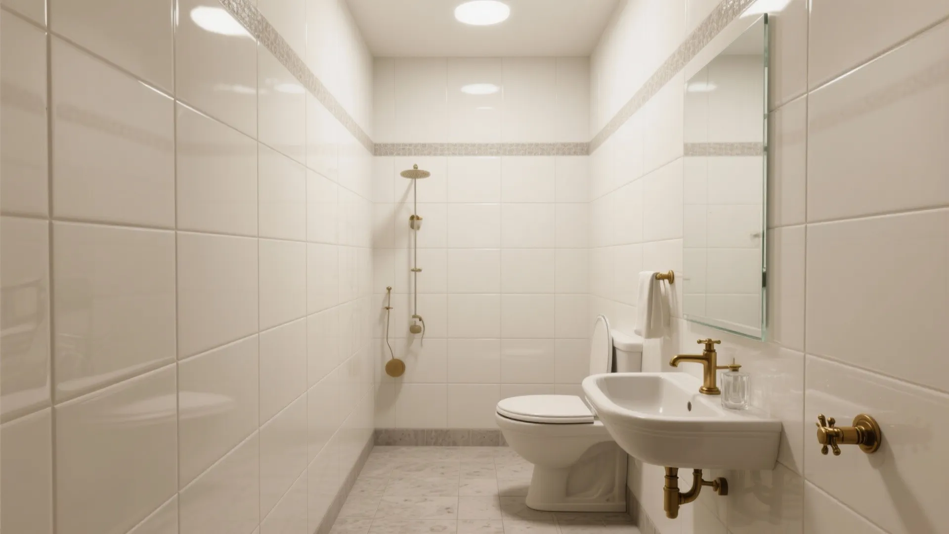 Narrow bathroom featuring white wall tiles white toilet white sink with a brass water faucet