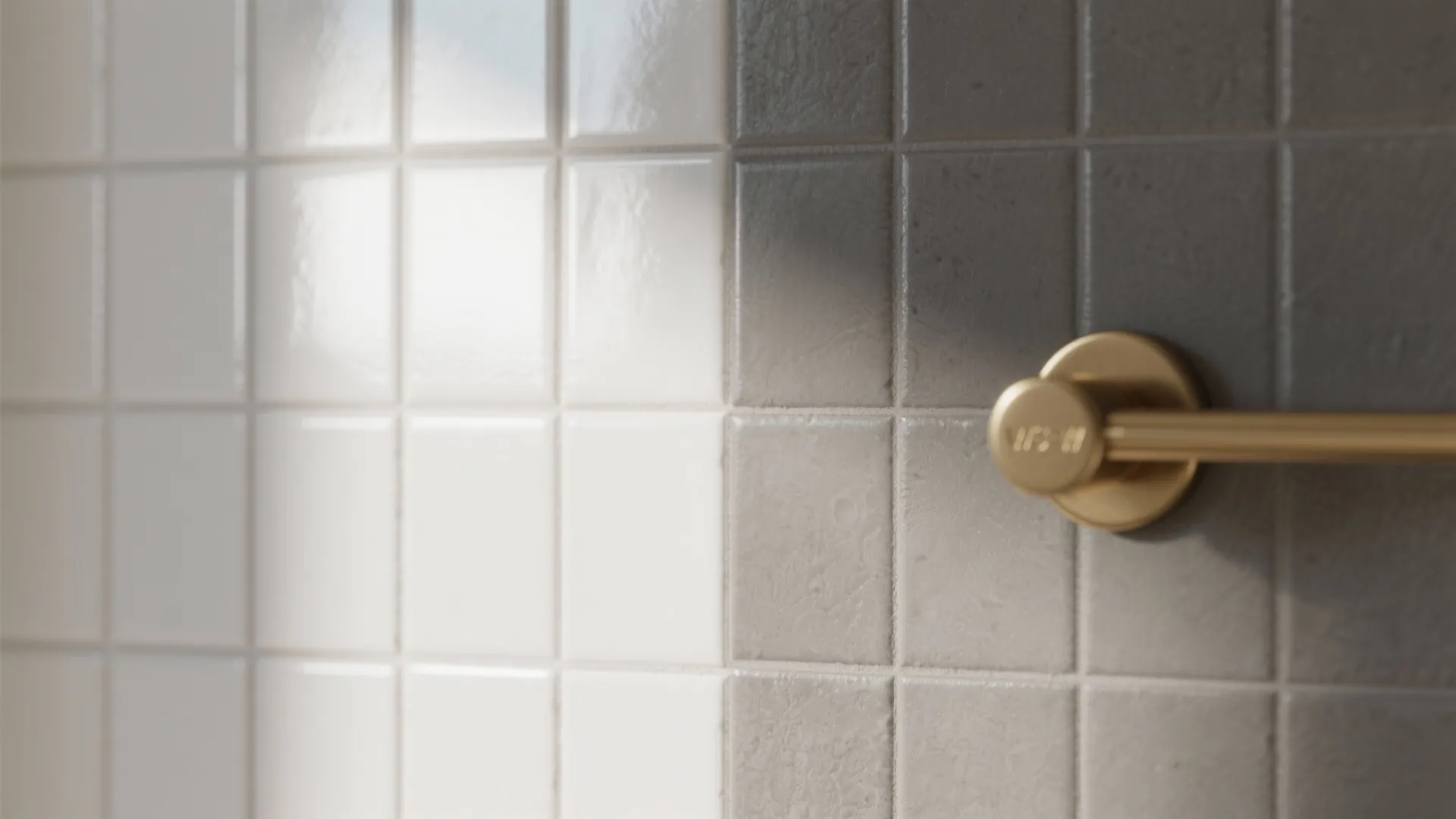 Close up of glossy white square tiles meeting matte grey square tiles with gold towel