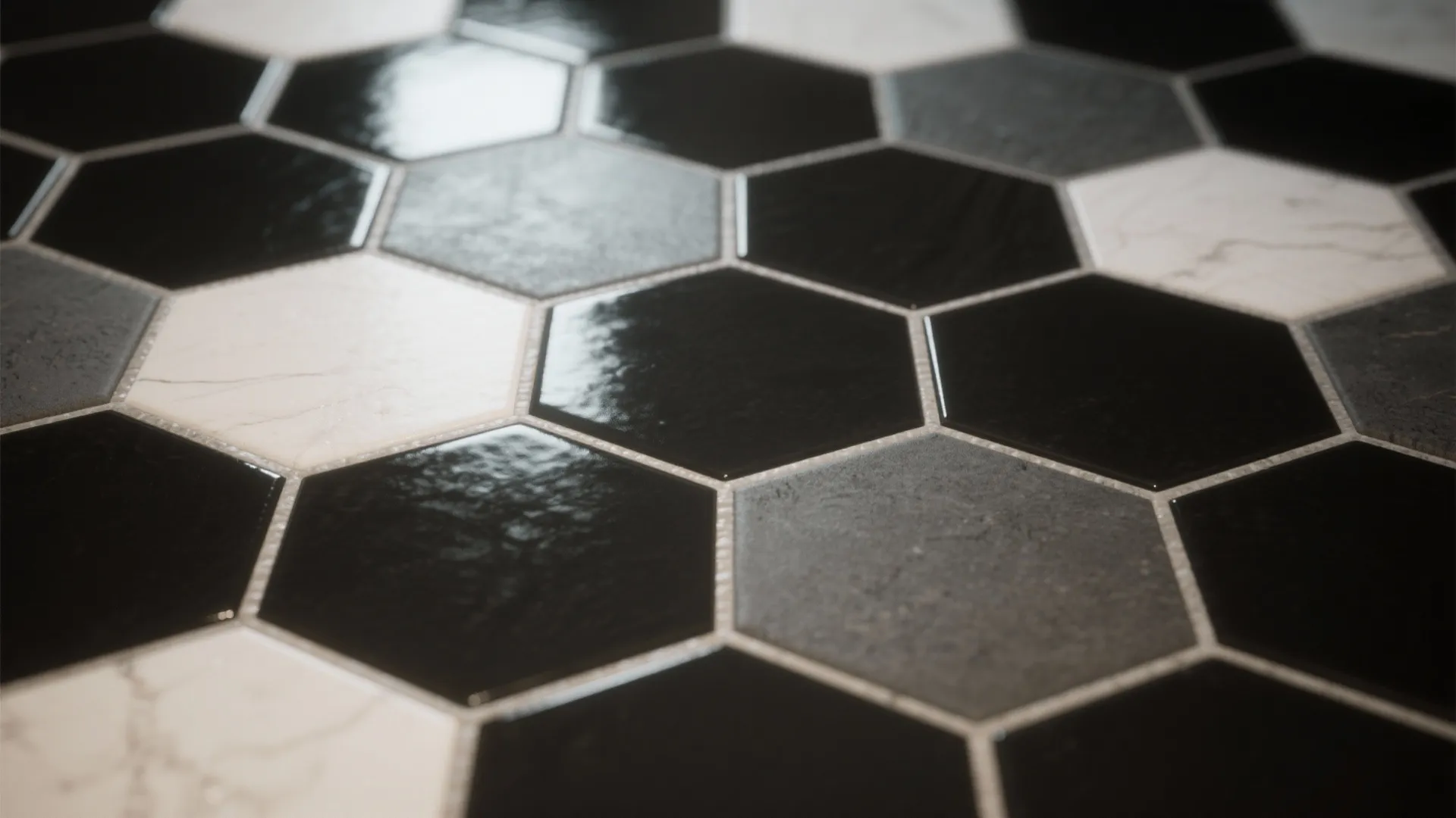 Close-up of alternating glossy and matte black hexagon tiles catching light differently