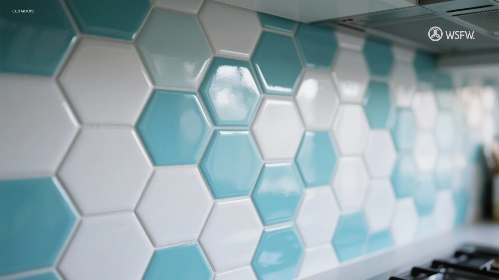 Close-up of matte white and glossy pale blue hexagonal kitchen tiles