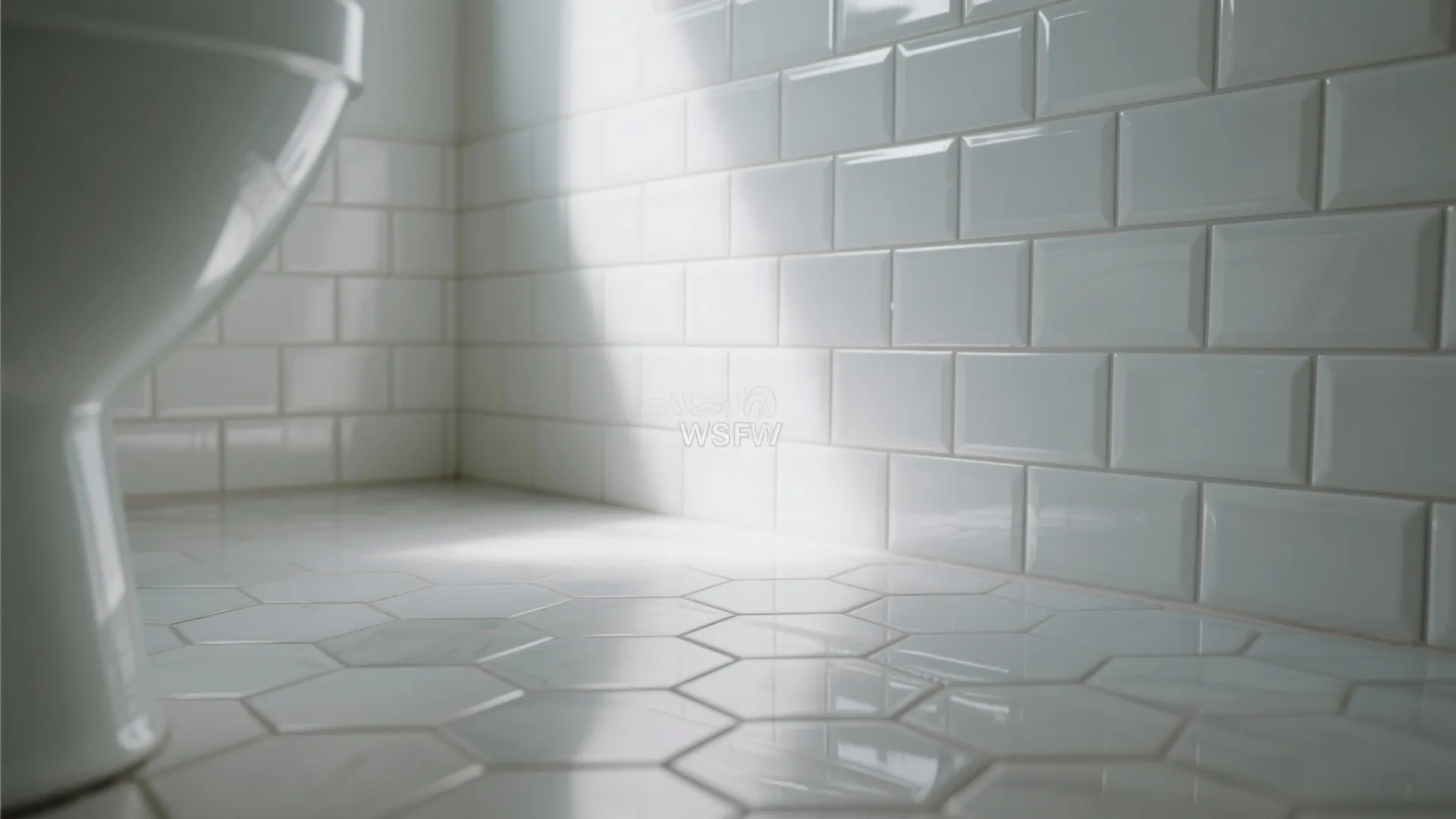 Clean white bathroom with glossy subway wall tiles hexagon floor tiles and bright sunlight reflecting surfaces