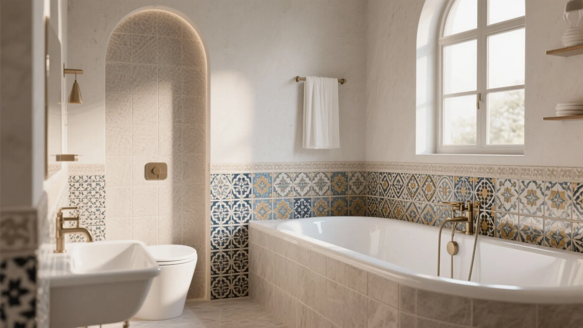 Vintage bathroom with patterned wall tiles a white bathtub brass faucet and arched shower wall niche