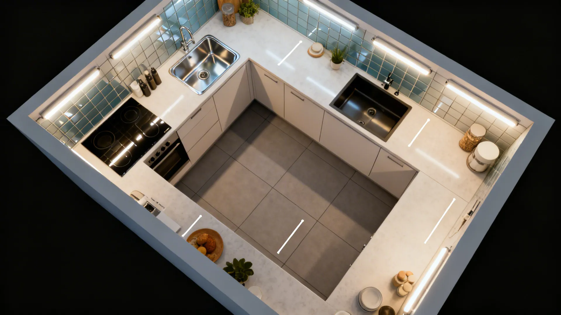 Top-down view mapping glossy tile to splash zones and matte elsewhere for balance in a small kitchen.