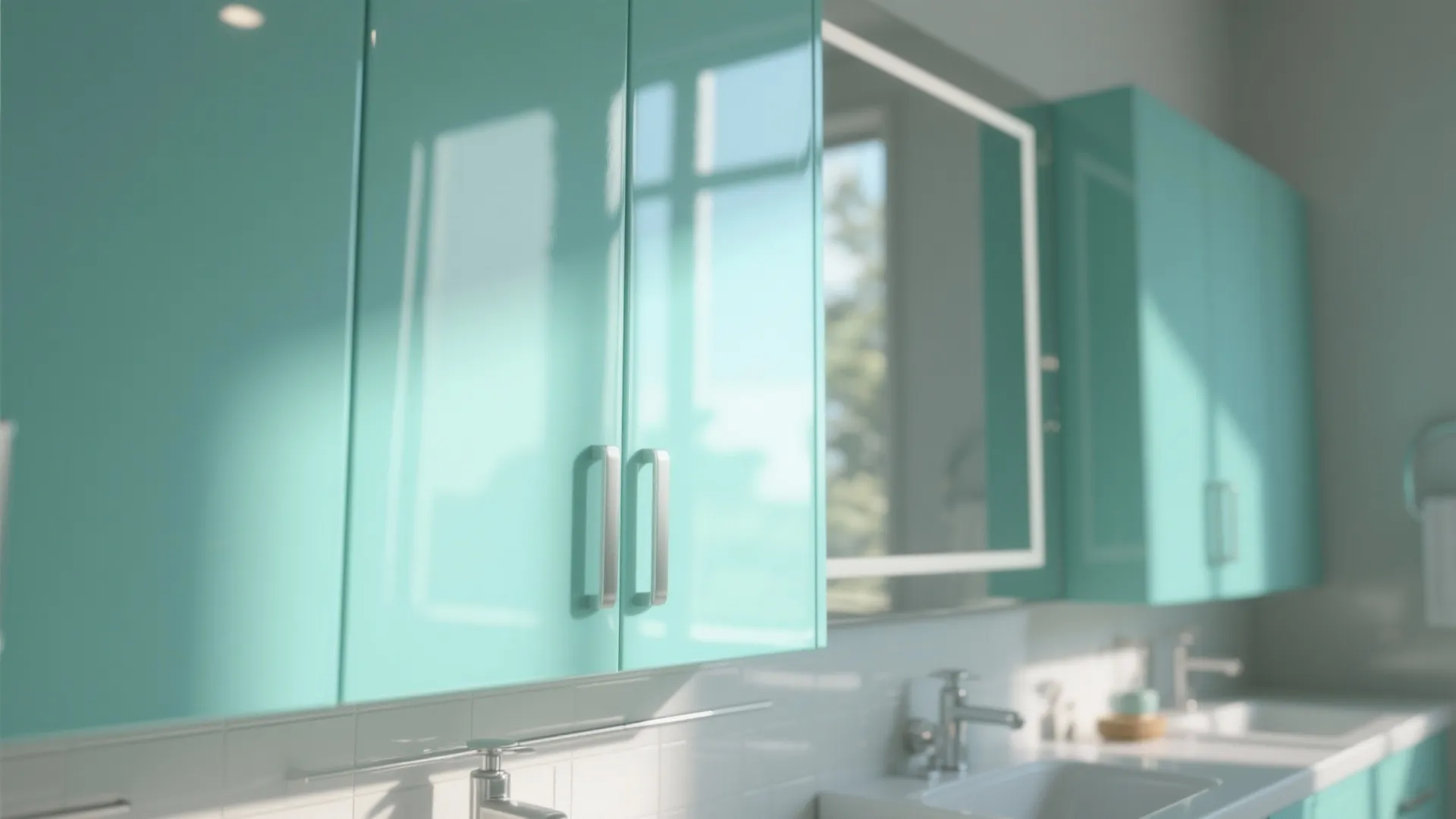 4. Glossy Mint Cabinets for Reflective Brightness