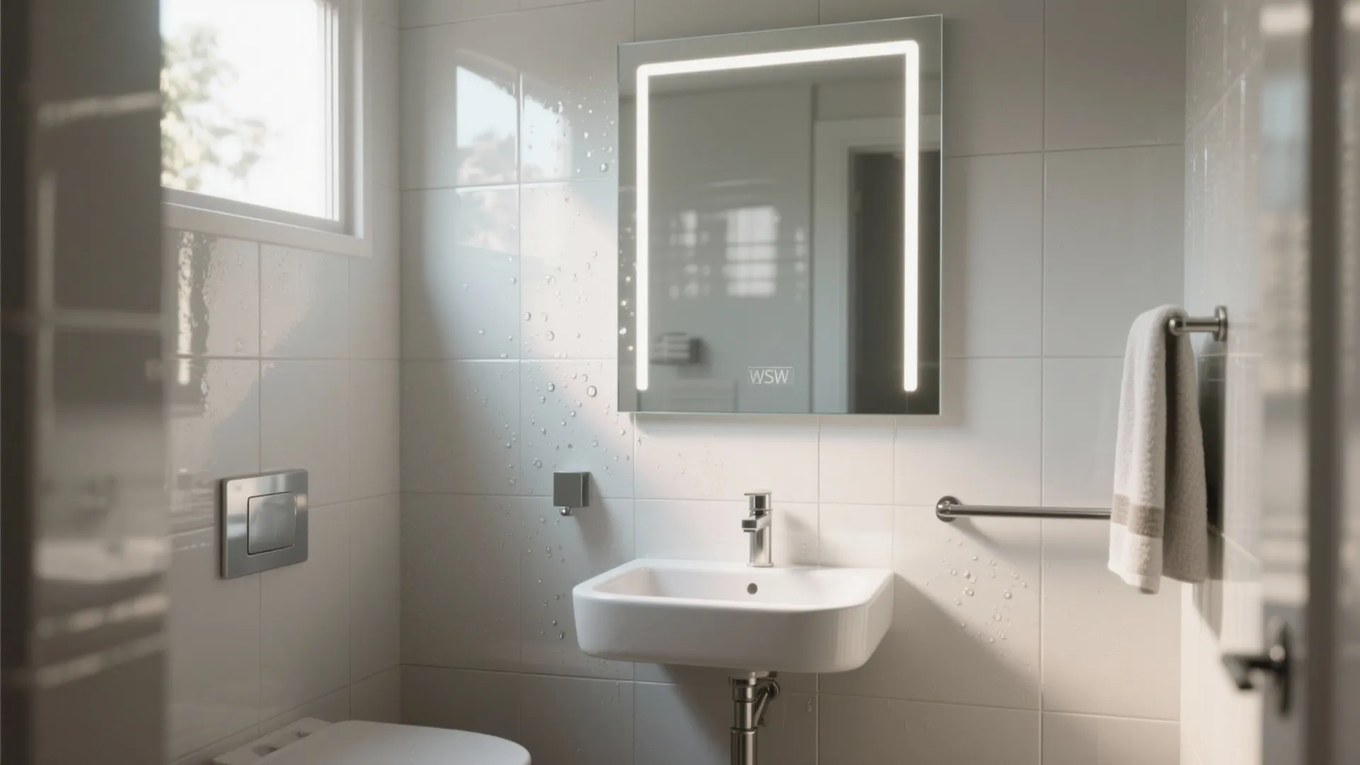 Clean bathroom interior with a lighted mirror above a white sink and wall mounted toilet