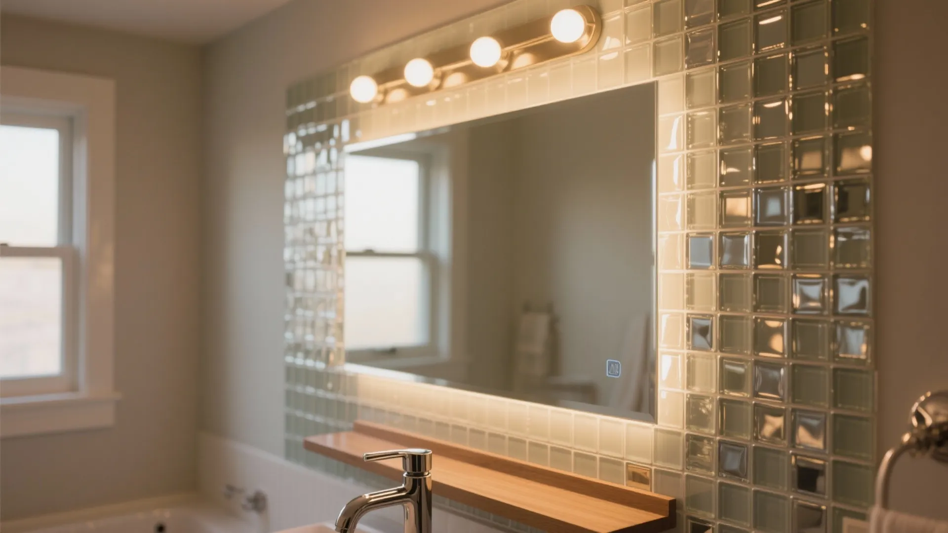 Close-up of glossy mosaic peel-and-stick tiles framing a vanity mirror under warm LED light.
