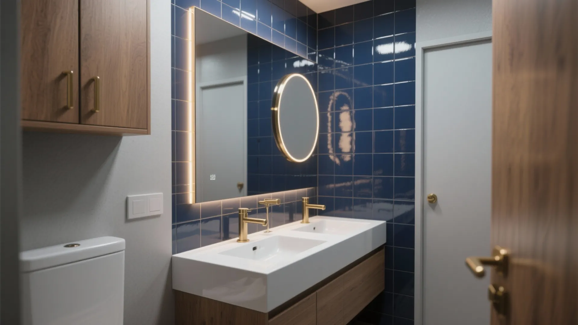 Modern bathroom with blue wall tiles double white sinks gold water taps and wooden cabinets
