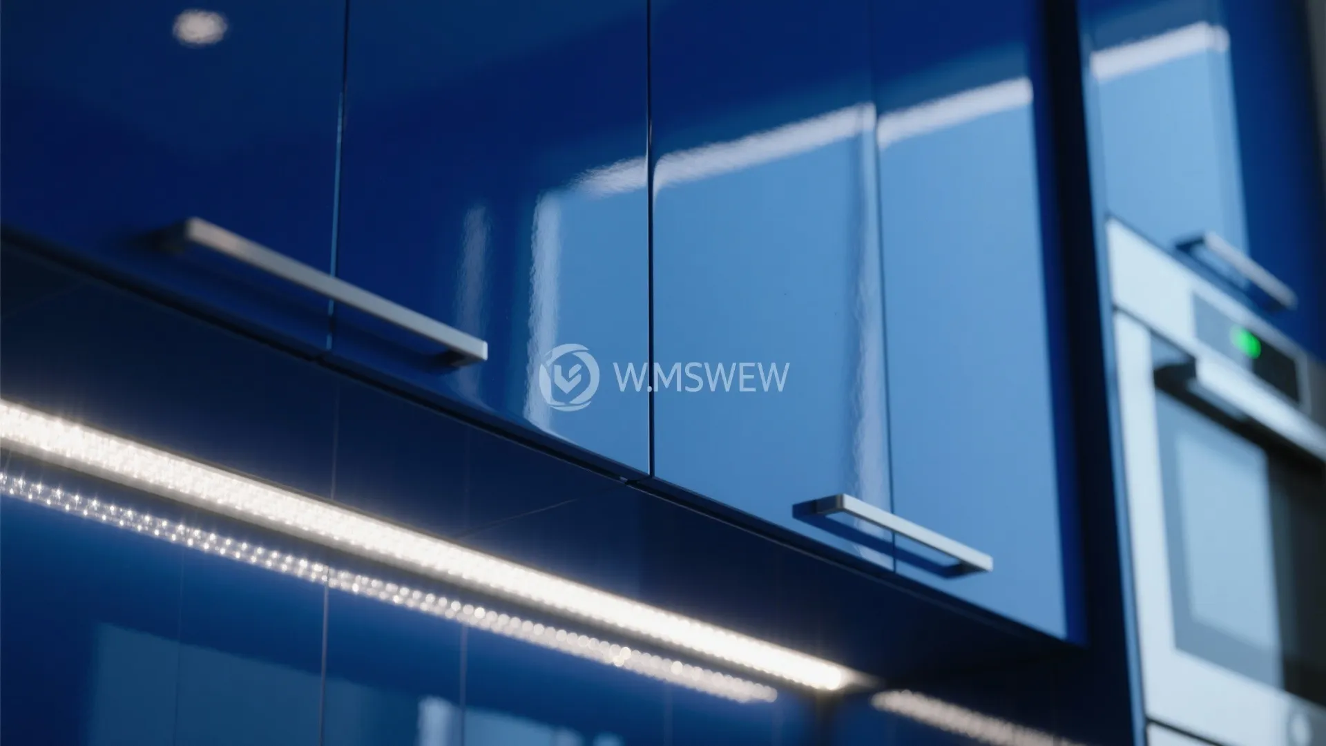 Glossy navy kitchen cabinets reflecting light