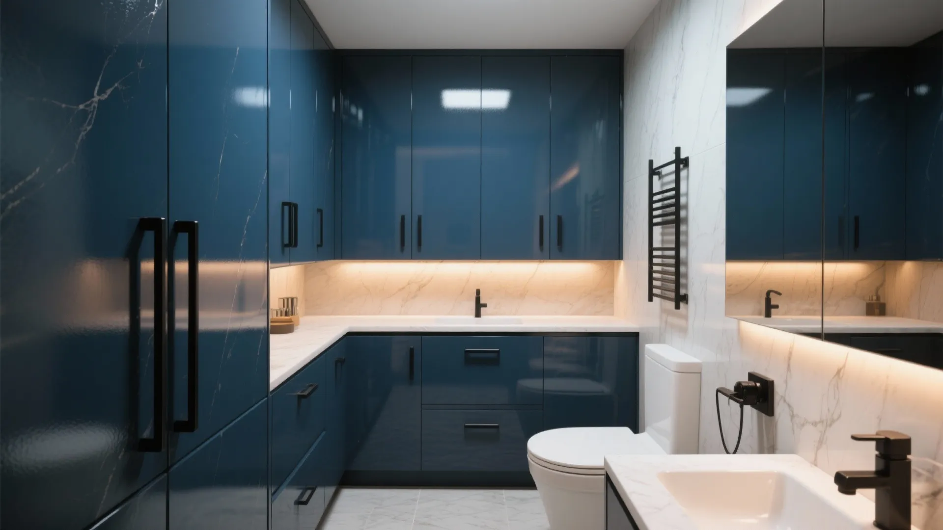 4. Glossy Blue Cabinets with Black Hardware