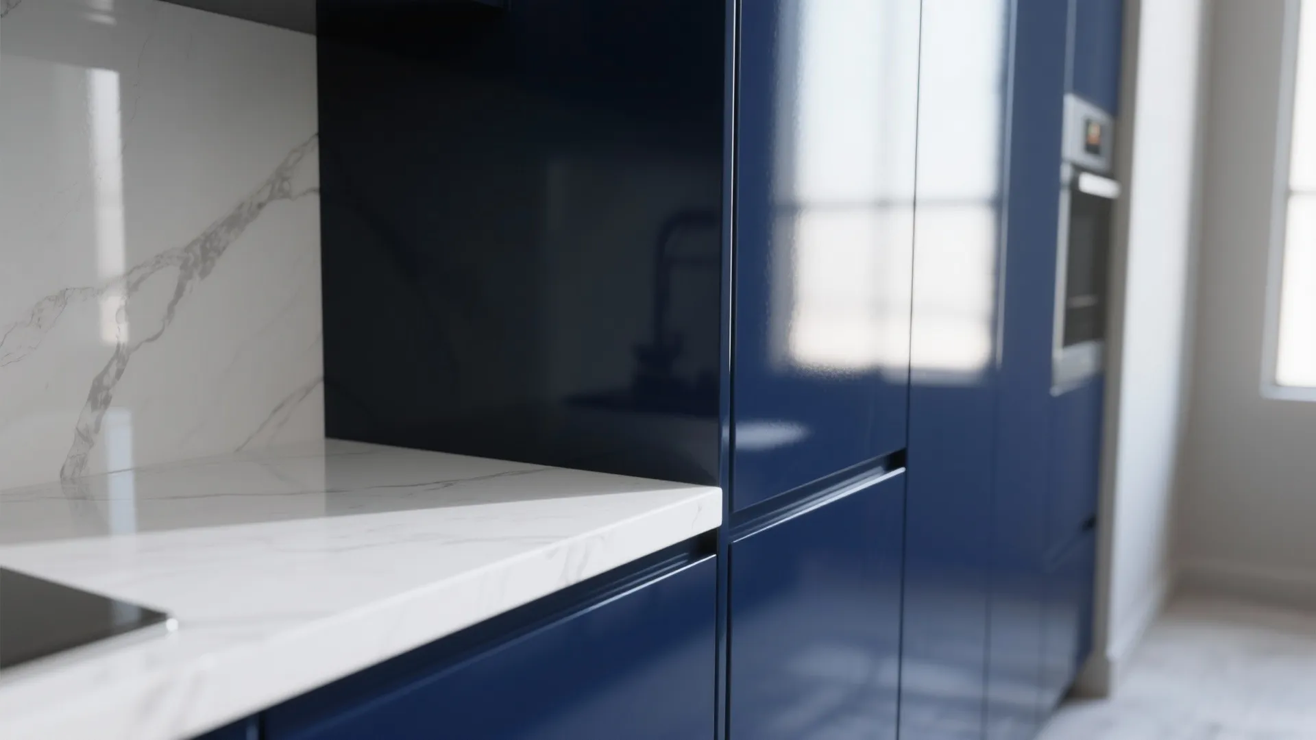Close up view of glossy navy blue kitchen cabinet with white marble countertop and natural light