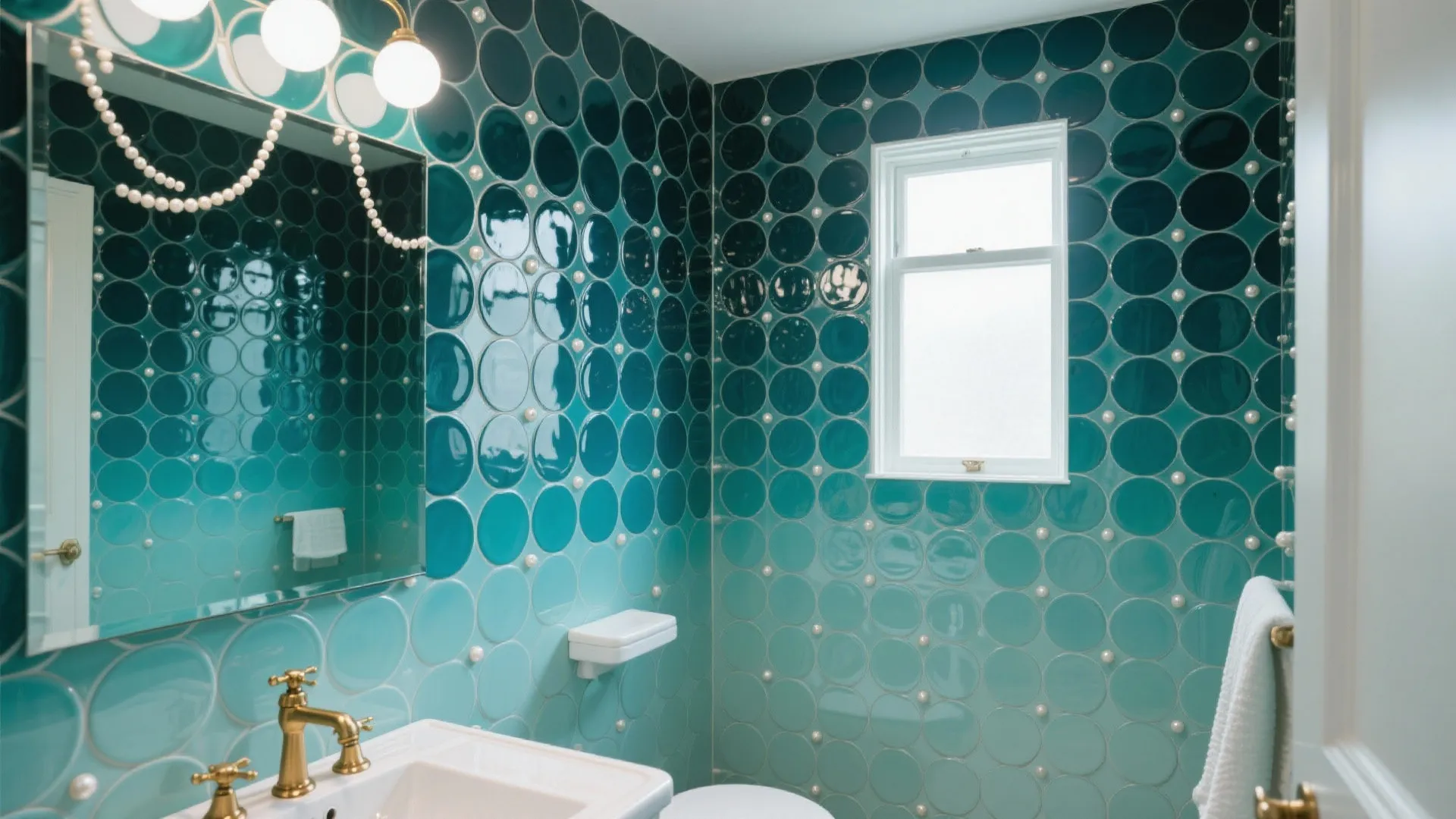 High-gloss circular penny tiles for reflective drama