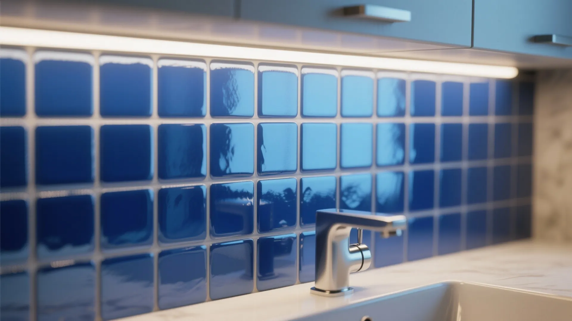 Glossy small blue tiles reflecting under-cabinet light with tight grout lines.