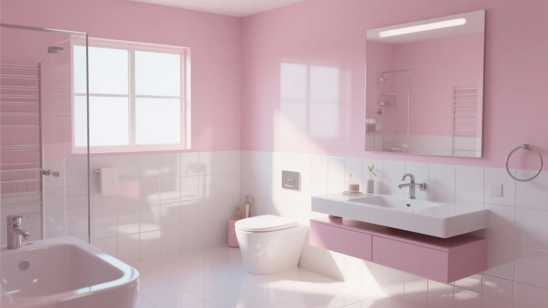 Modern pink and white bathroom featuring a floating pink vanity white toilet and square window
