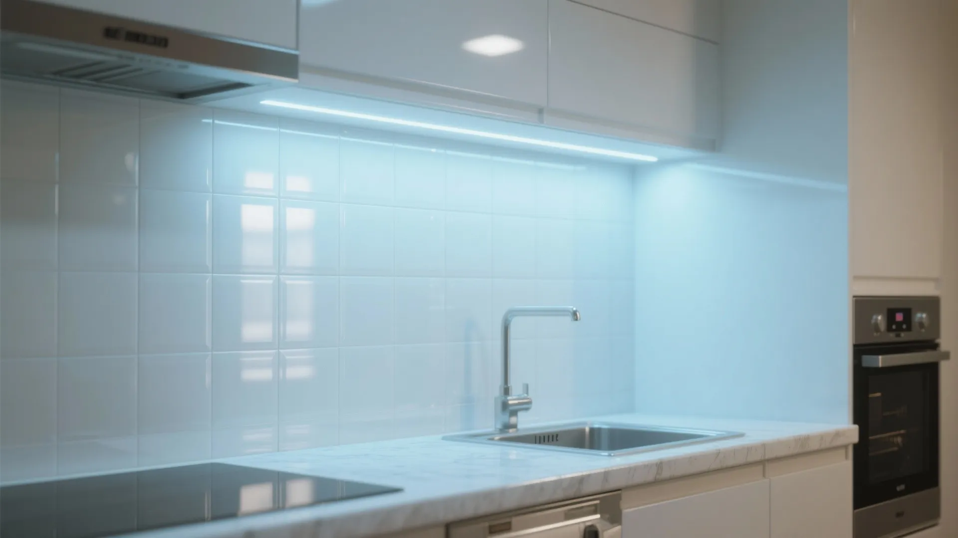 Modern white kitchen with glossy tiles sink faucet and bright blue light fixture under cabinet