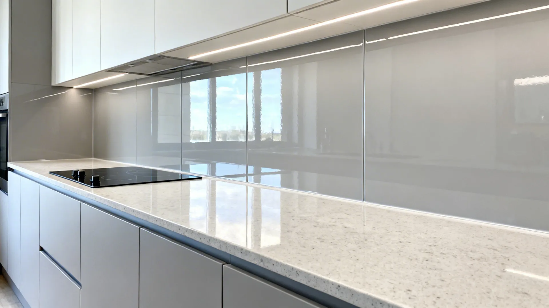 High-gloss light-gray PVC backsplash panels with sealed seams in a small kitchen.
