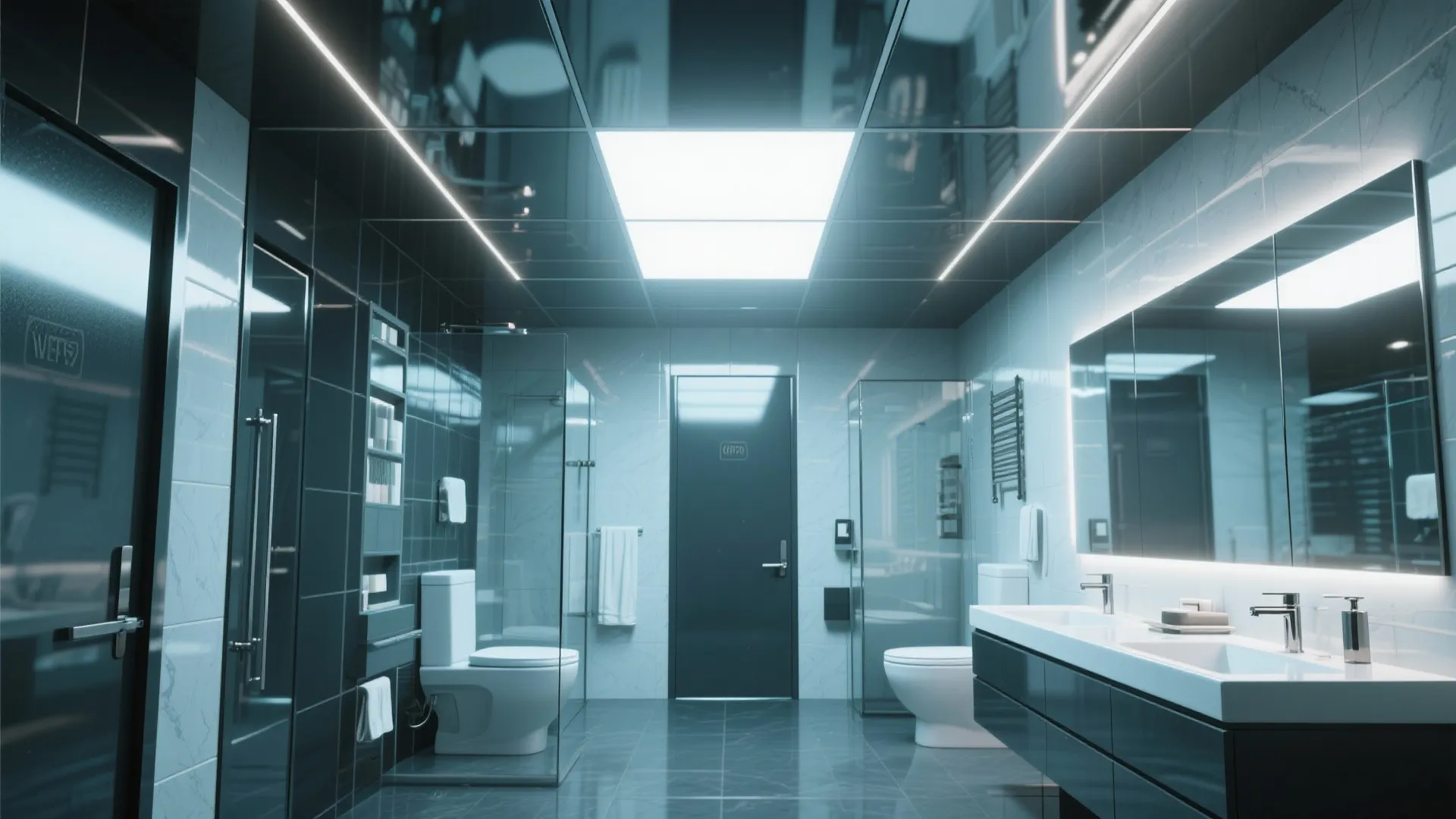 Luxury dark bathroom with glossy black ceiling tiles and modern double sink vanity plus led lighting