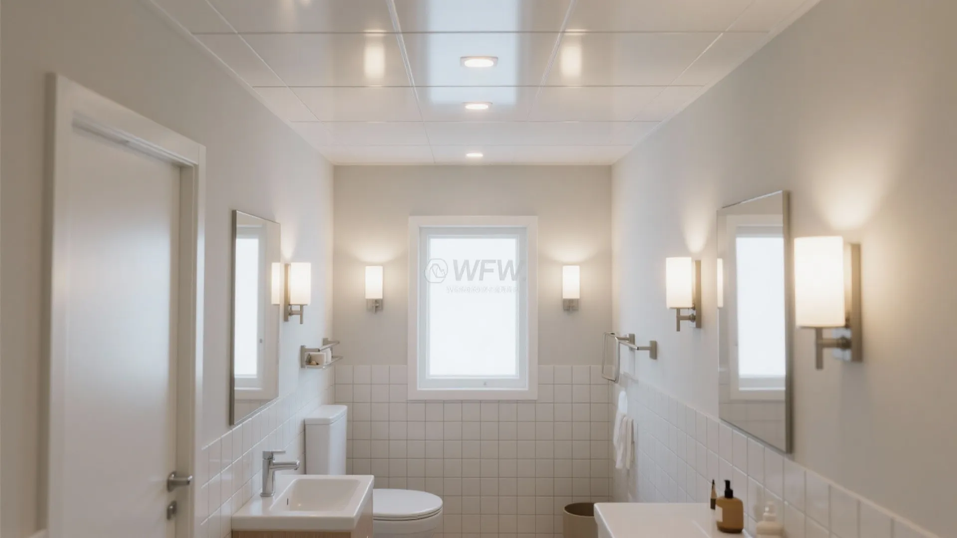 Bright white bathroom with tiled walls, a toilet, sink, mirrors, wall lights, and a window