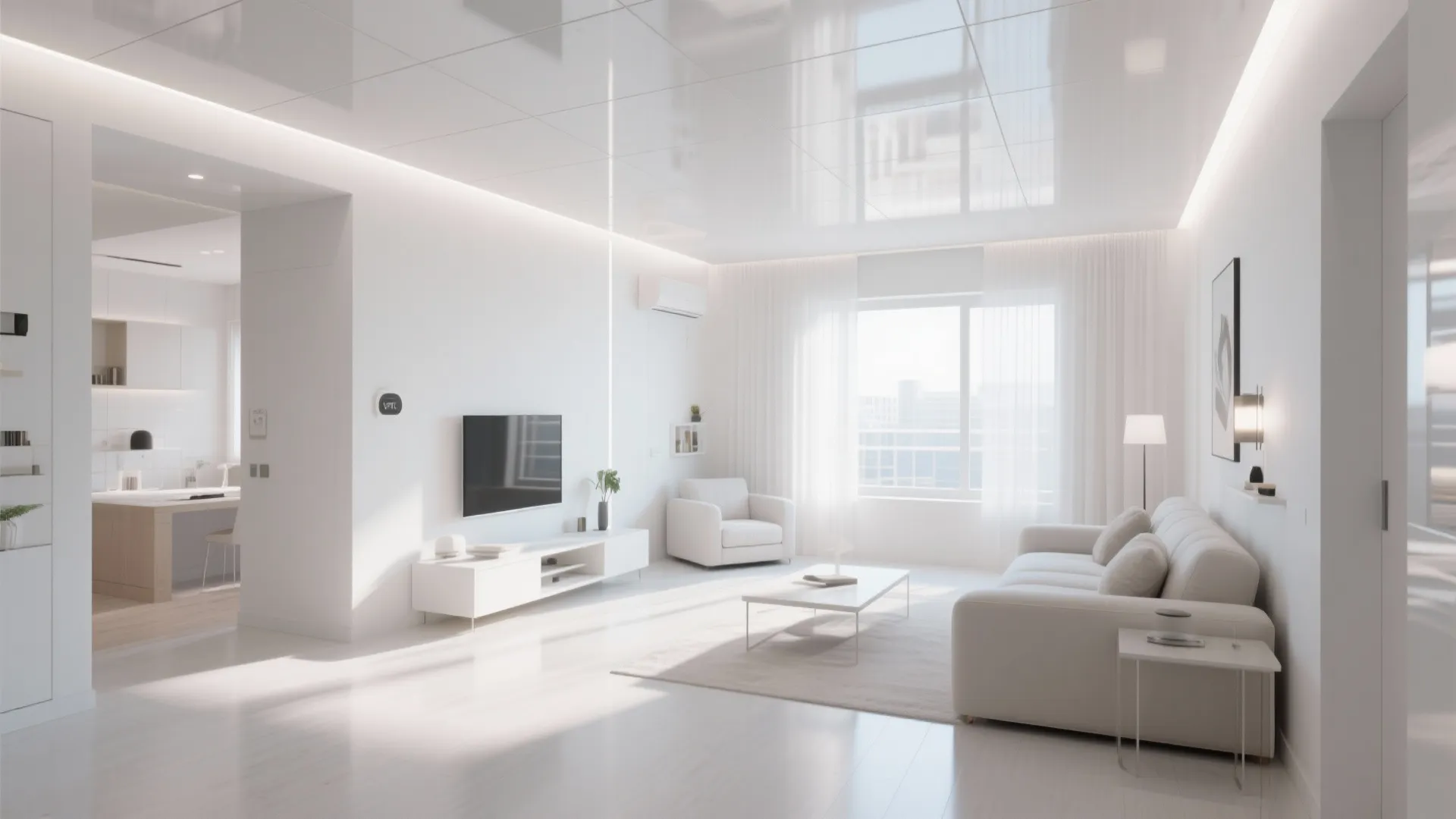 Bright white living room with glossy ceiling panels white sofa and natural light from window