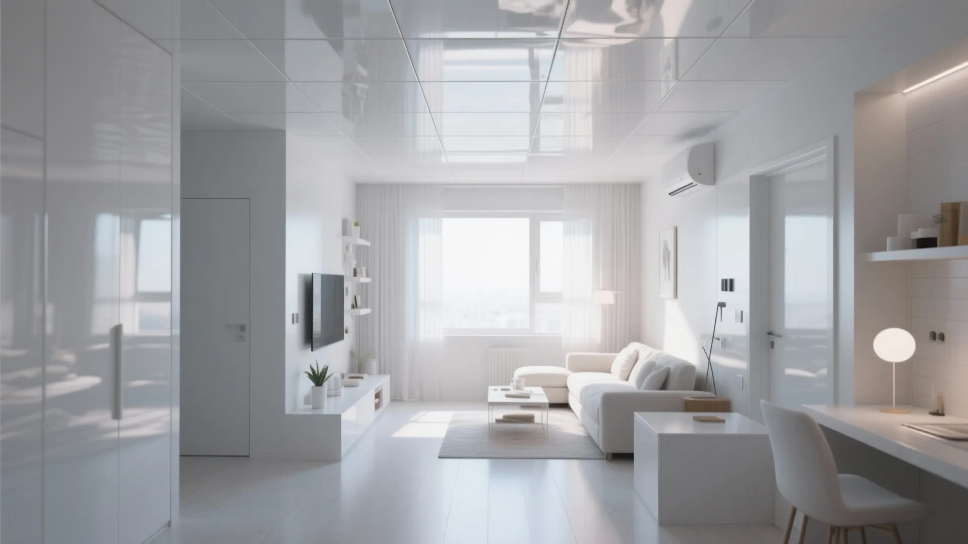 Bright white living room with glossy ceiling white sofa tv unit study desk and natural light
