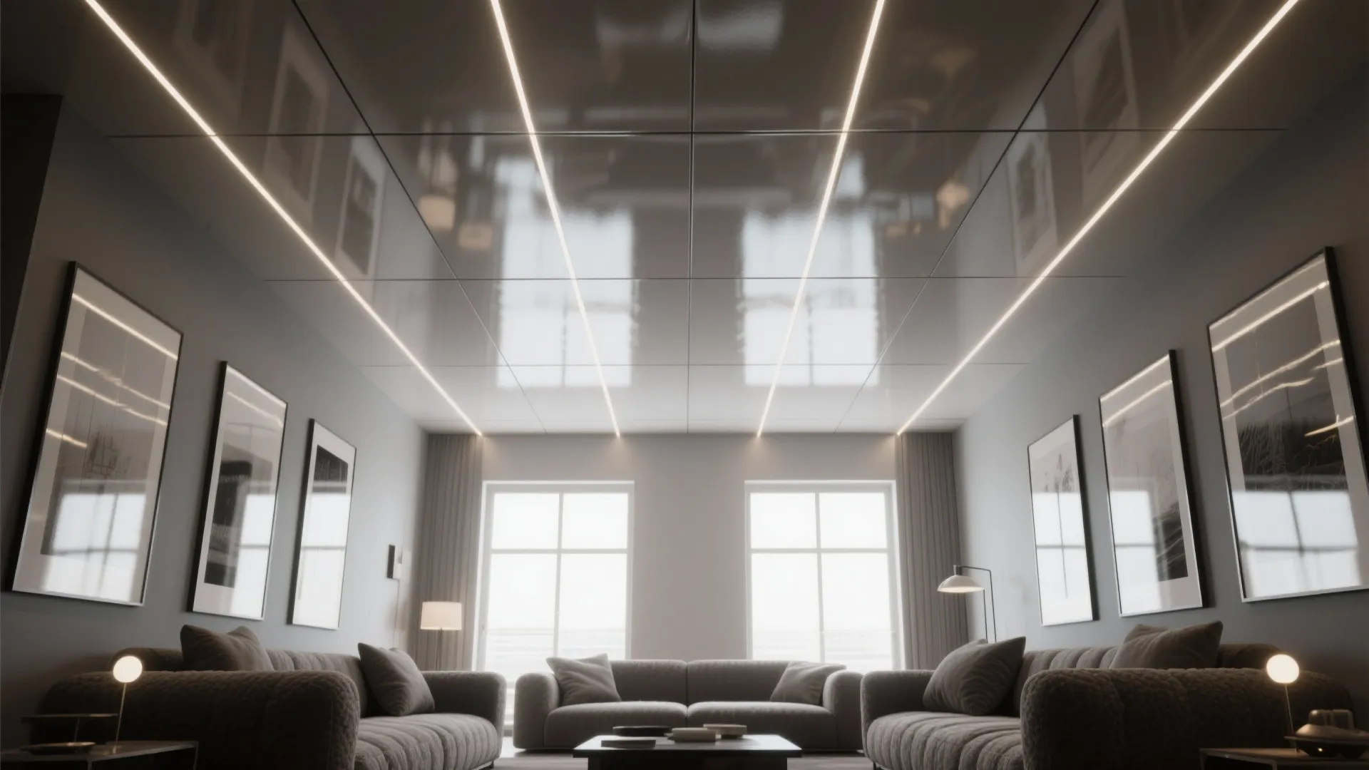 Modern living room showing glossy black ceiling panels, linear lights, grey sofas, and framed art
