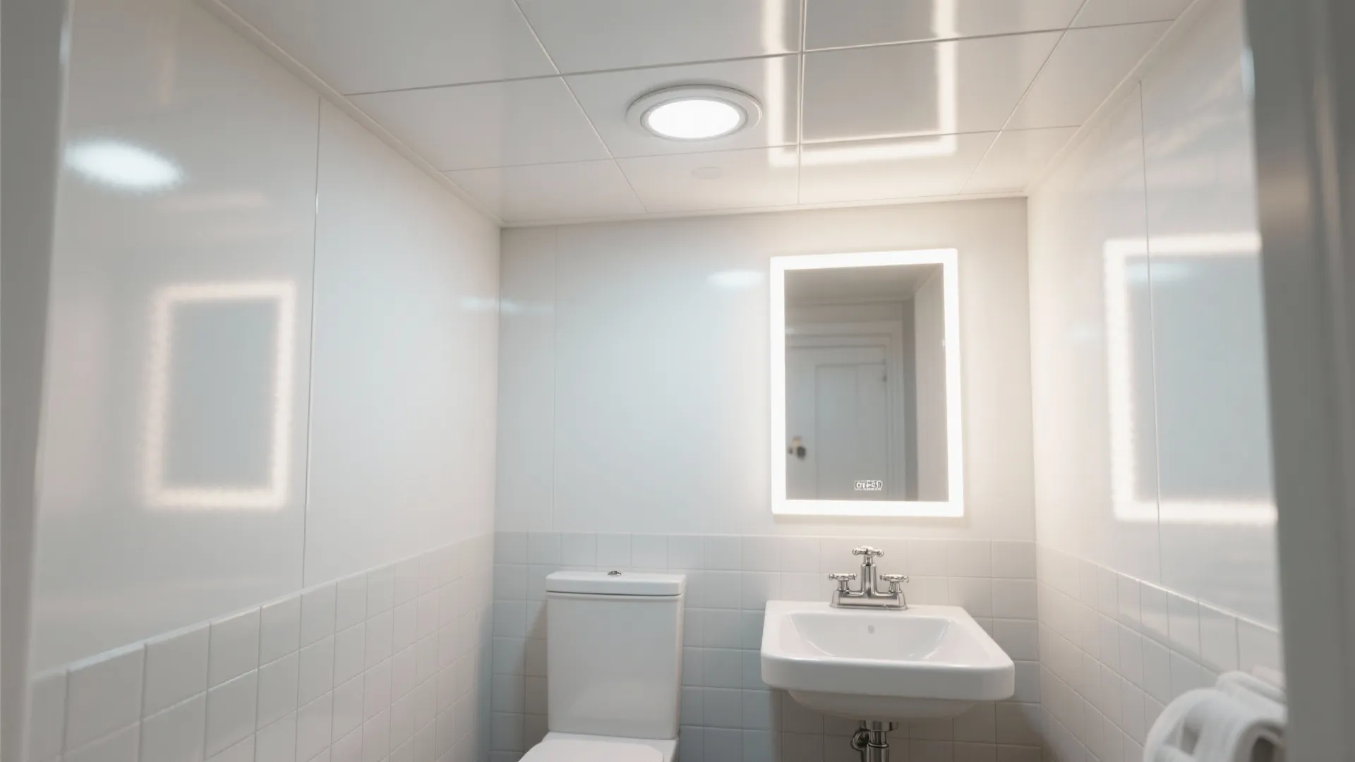 Modern white bathroom with glossy wall panels toilet sink lighted mirror and round ceiling light