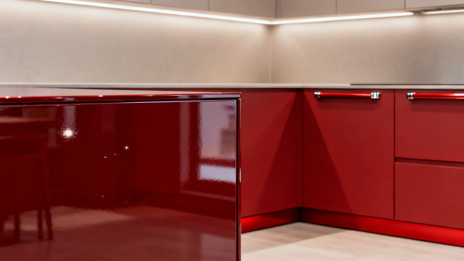 Macro of a glossy cherry red island panel beside matte red cabinetry with clean reflections.