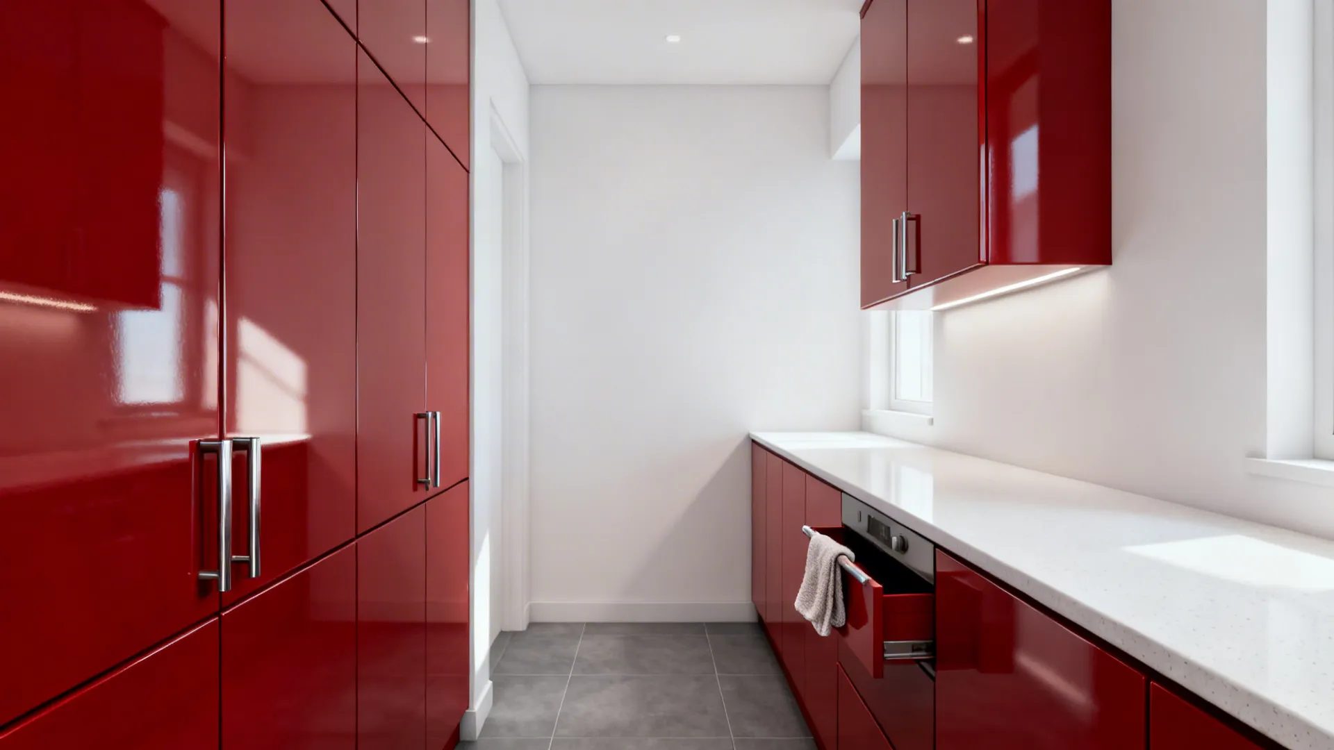 Glossy Red Cabinets with Matte White Walls
