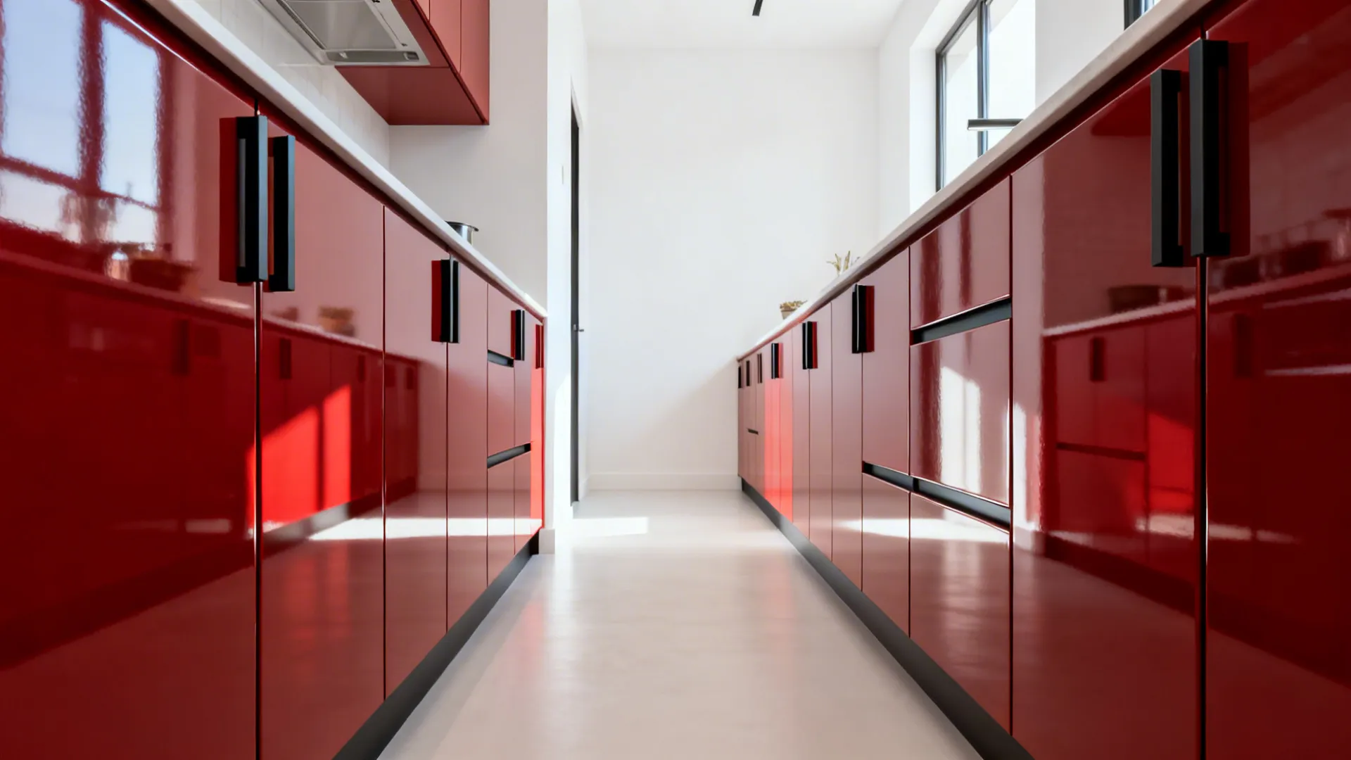 Glossy red cabinetry with matte black hardware