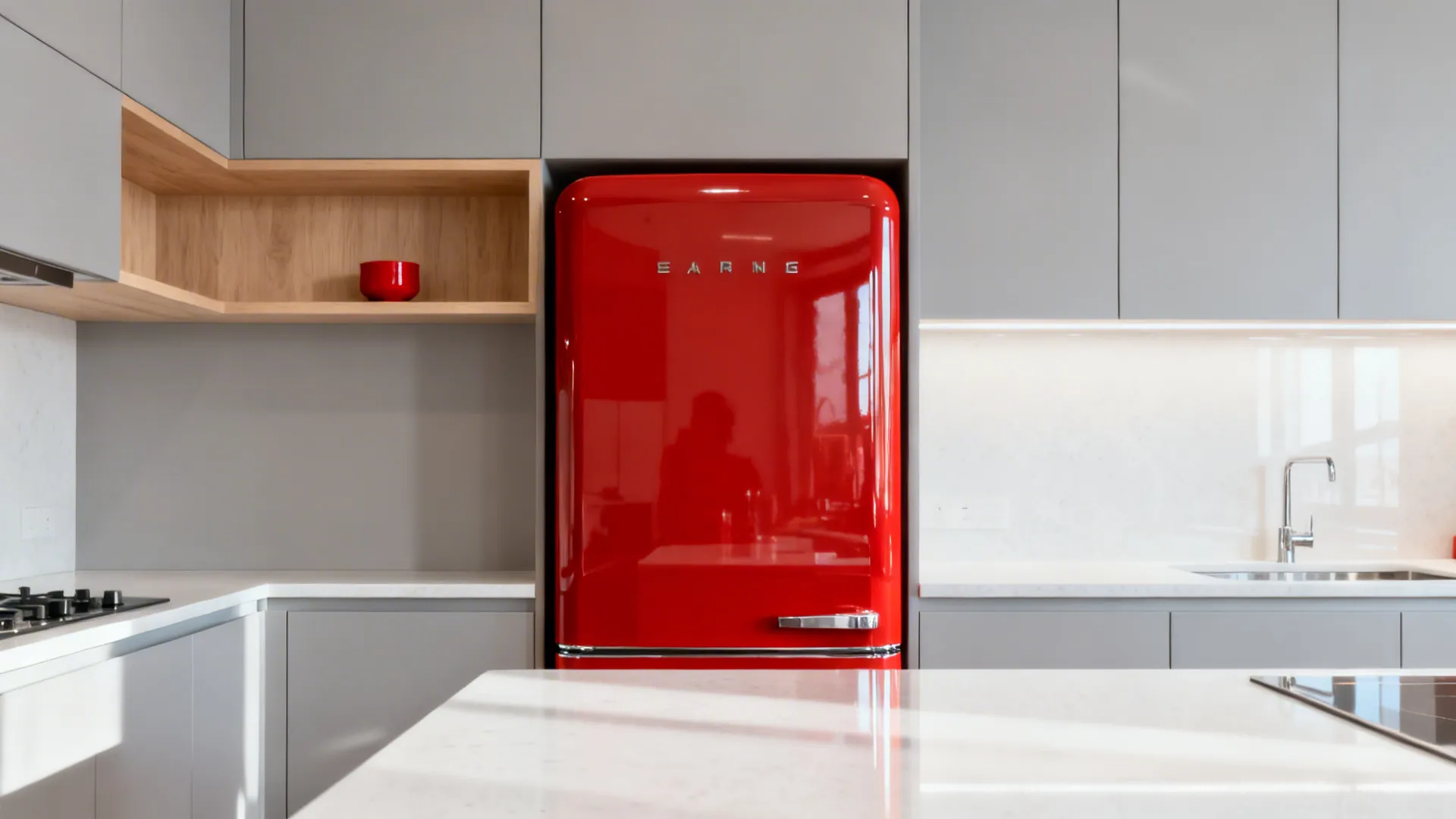 Small modern kitchen with a glossy tomato-red fridge as a bold focal point against neutral cabinets.