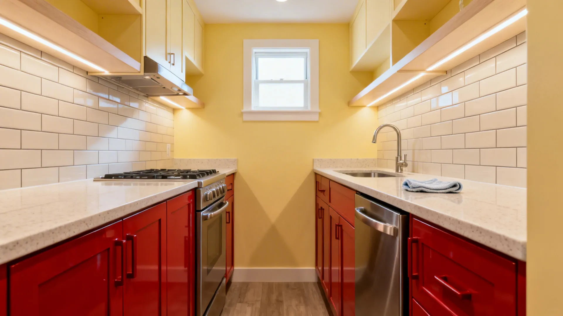 Small galley kitchen with glossy red base cabinets and buttery-yellow walls that brighten the space.