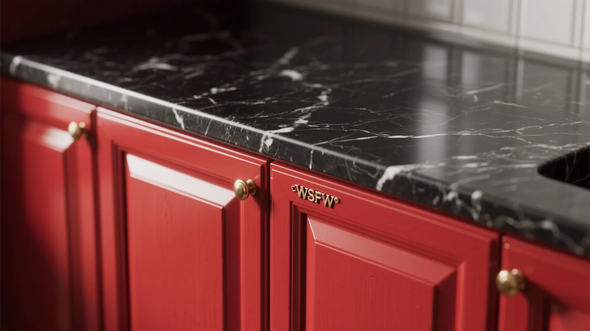 2. Glossy Red Shaker Doors with Black Marble Countertops