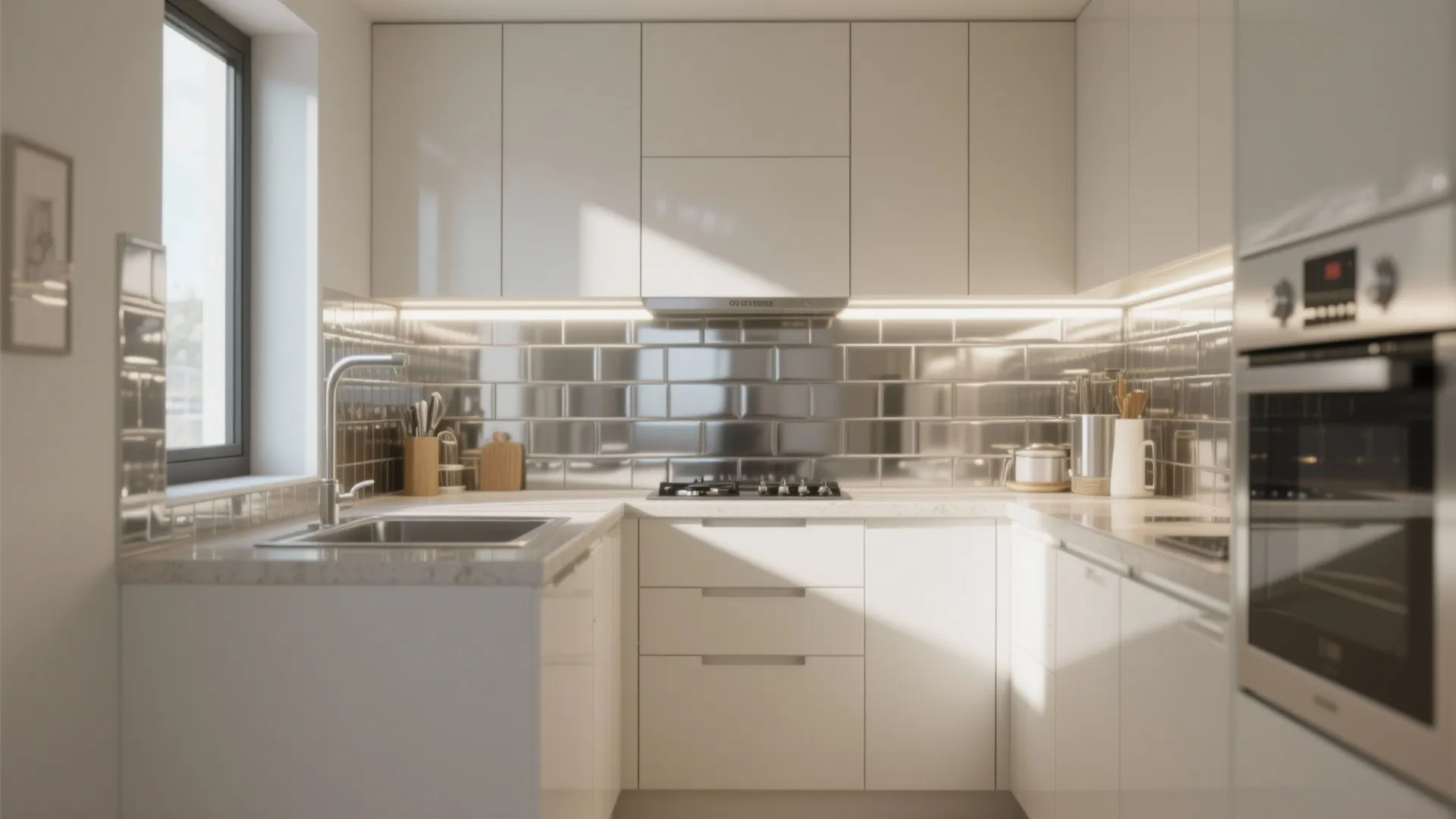 Idea 5: High-gloss off-white and reflective backsplashes for tiny kitchens