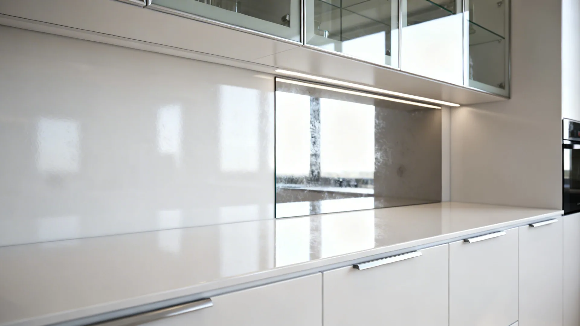 Glossy white cabinet surface with glass-front uppers and mirrored backsplash reflecting daylight