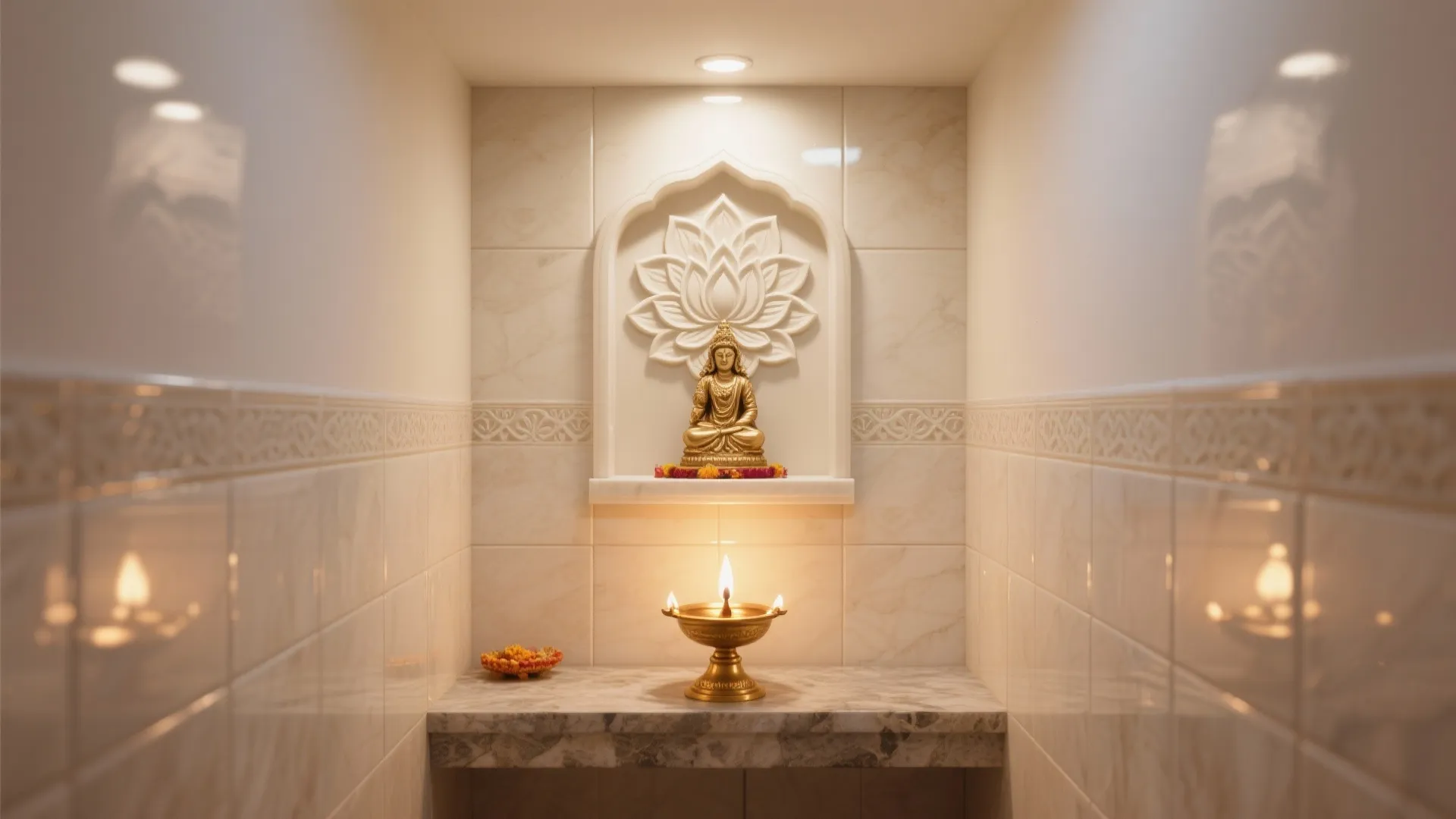 Glossy ivory ceramic with subtle relief behind a small pooja niche, softly reflecting light.