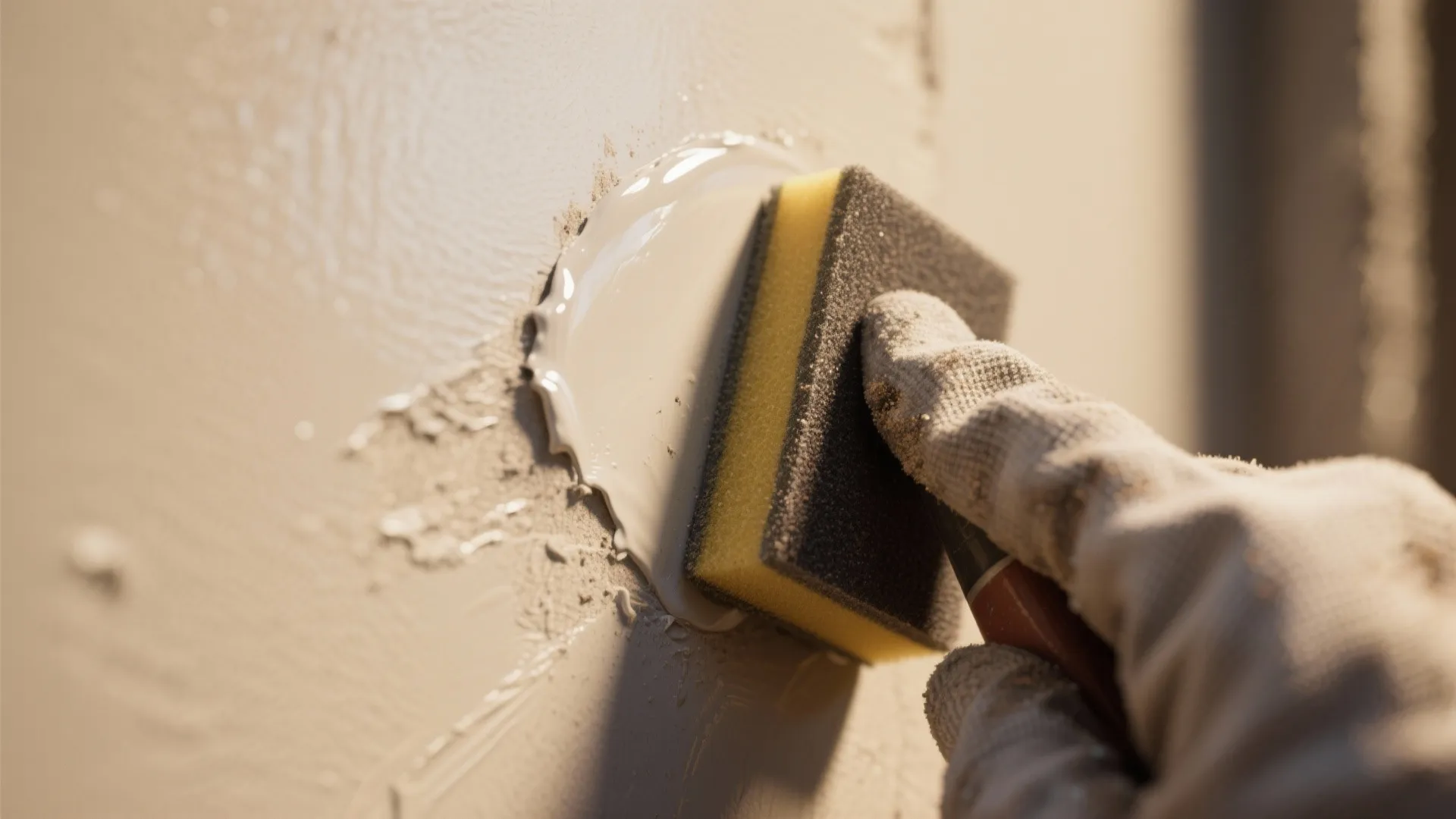 Macro view of a sanding sponge scuffing a glossy spot and blending a repair patch into the surrounding wall.