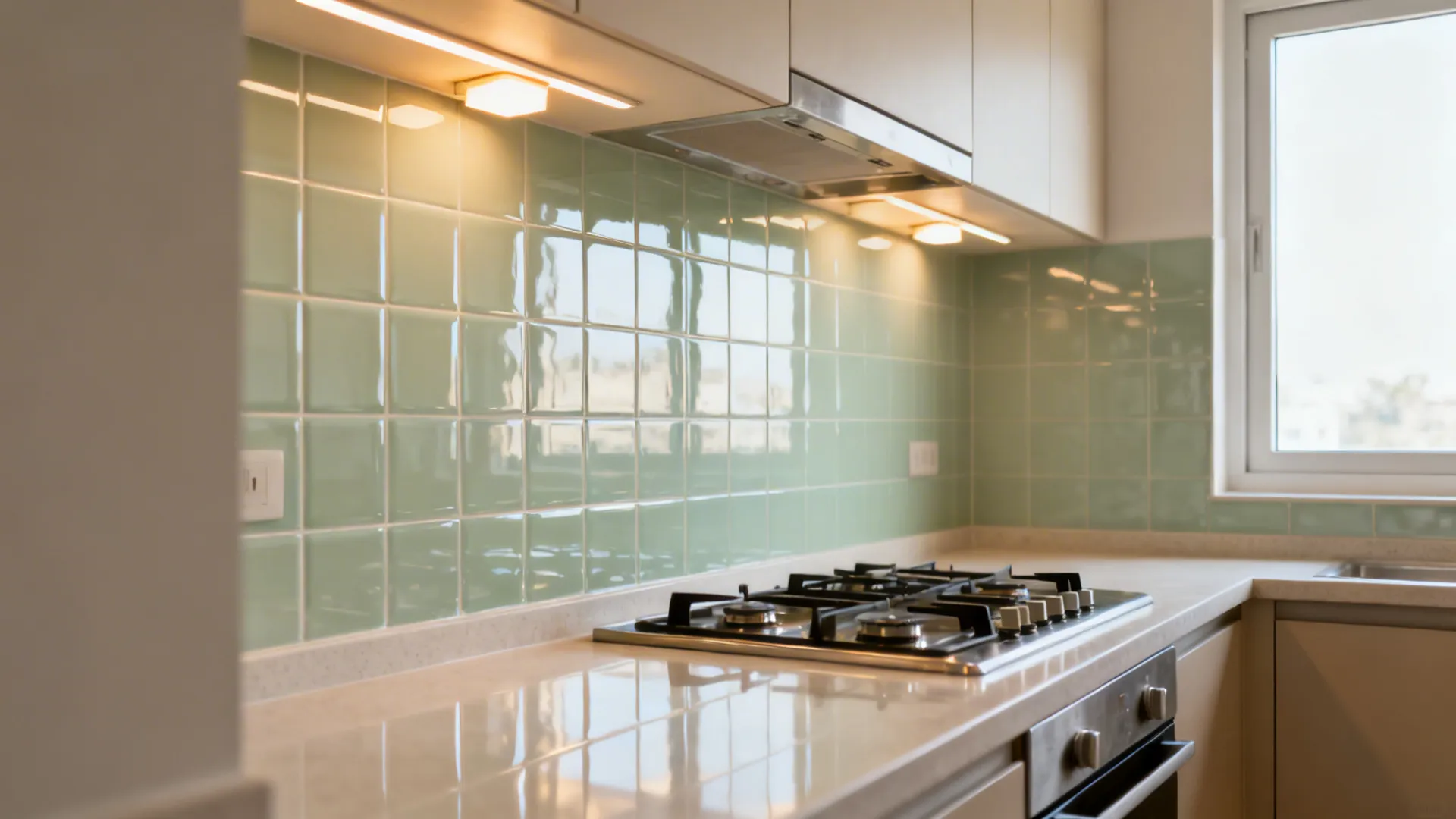 Glossy pale sage glazed backsplash reflecting soft daylight and warm task lighting in a Delhi kitchen.
