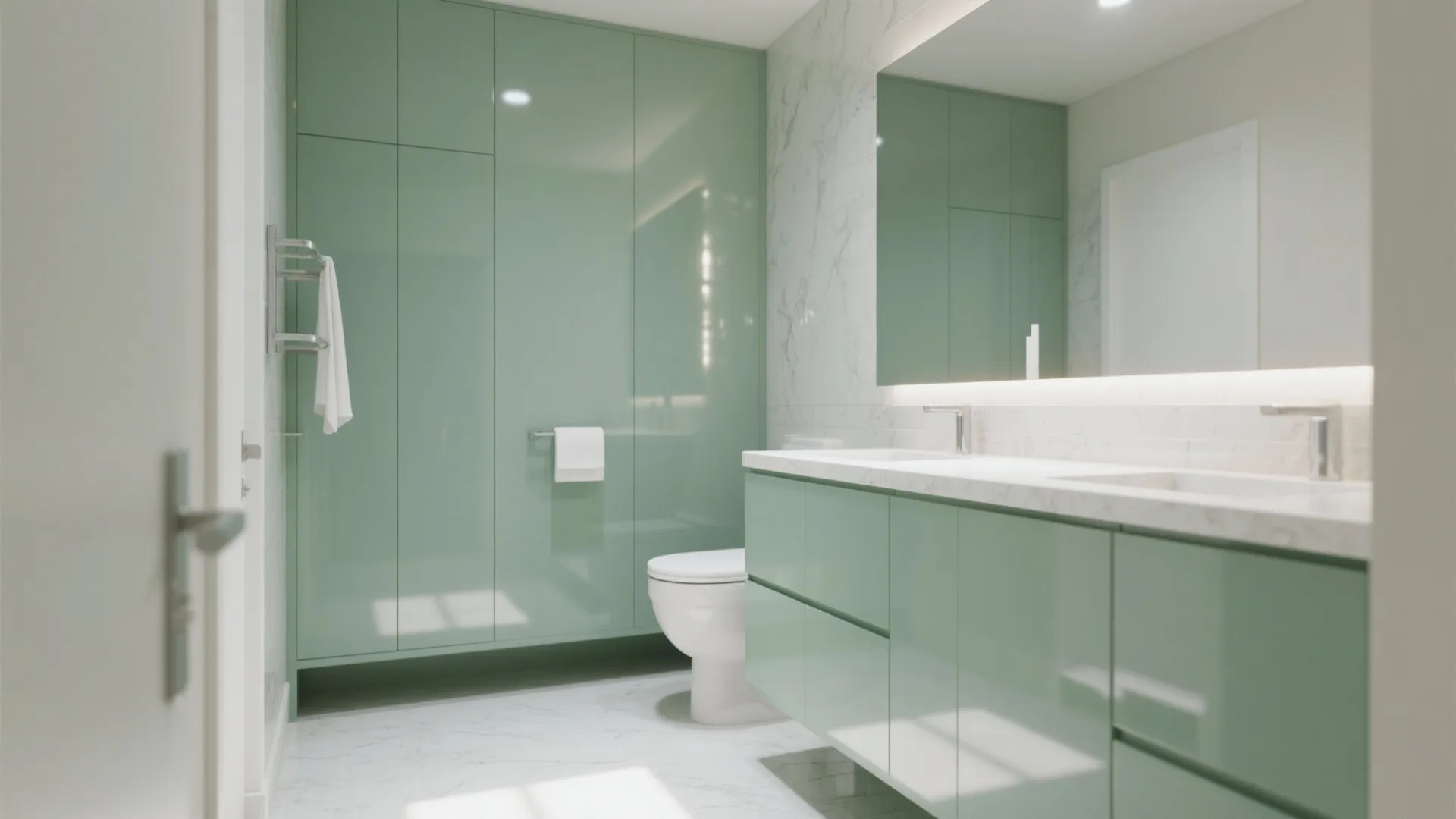 Small powder room with glossy sage lacquer cabinets reflecting daylight and brightening the space