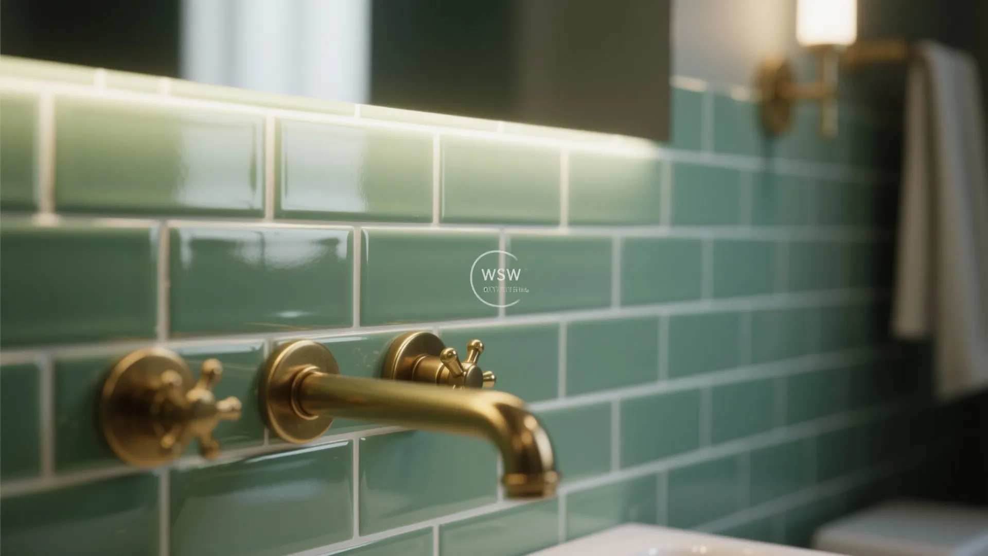Glossy green wall tiles with gold faucet and mirror light in a stylish bathroom design