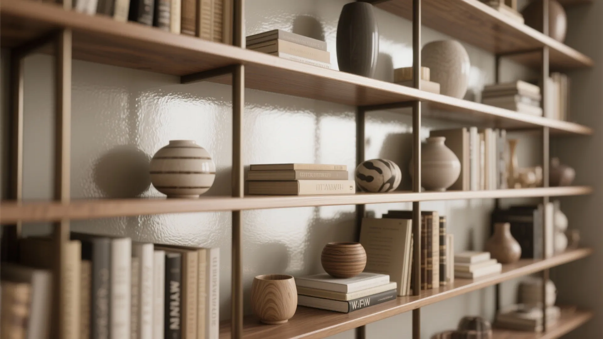 Modern wooden wall shelving unit holding various books and round ceramic vases in neutral colors
