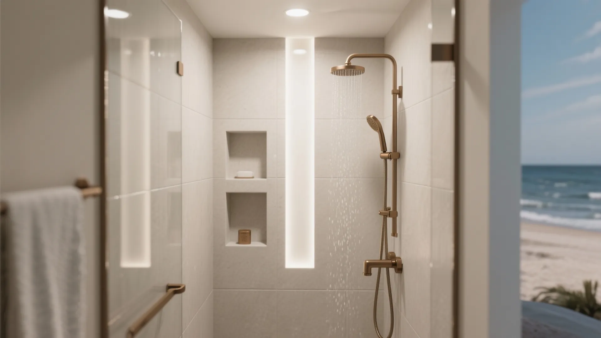 Modern bathroom shower with gold light fixture cream tiles wall panel and sea view background