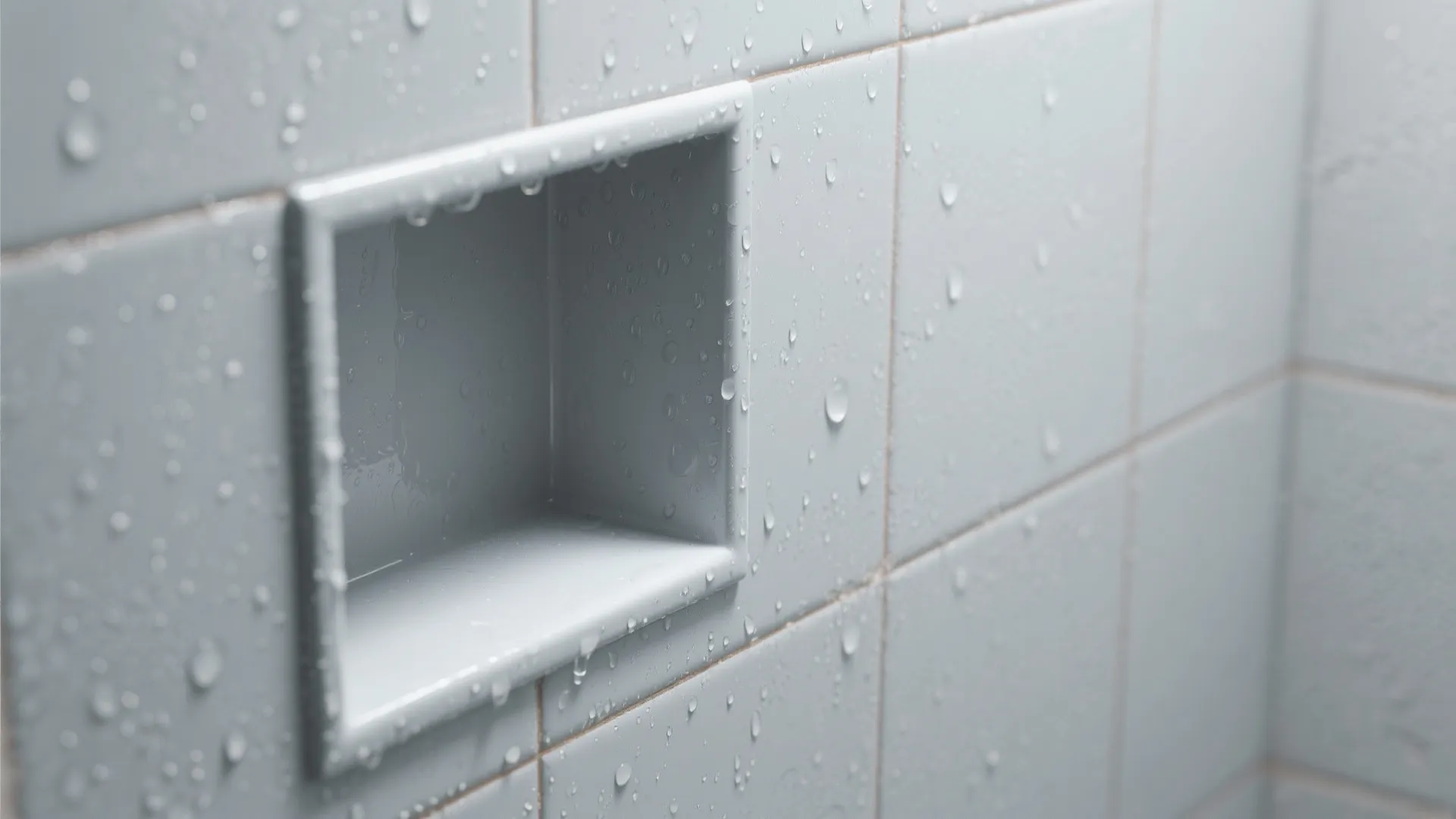 Modern grey built-in shower shelf on a tiled wall covered in small fresh water droplets
