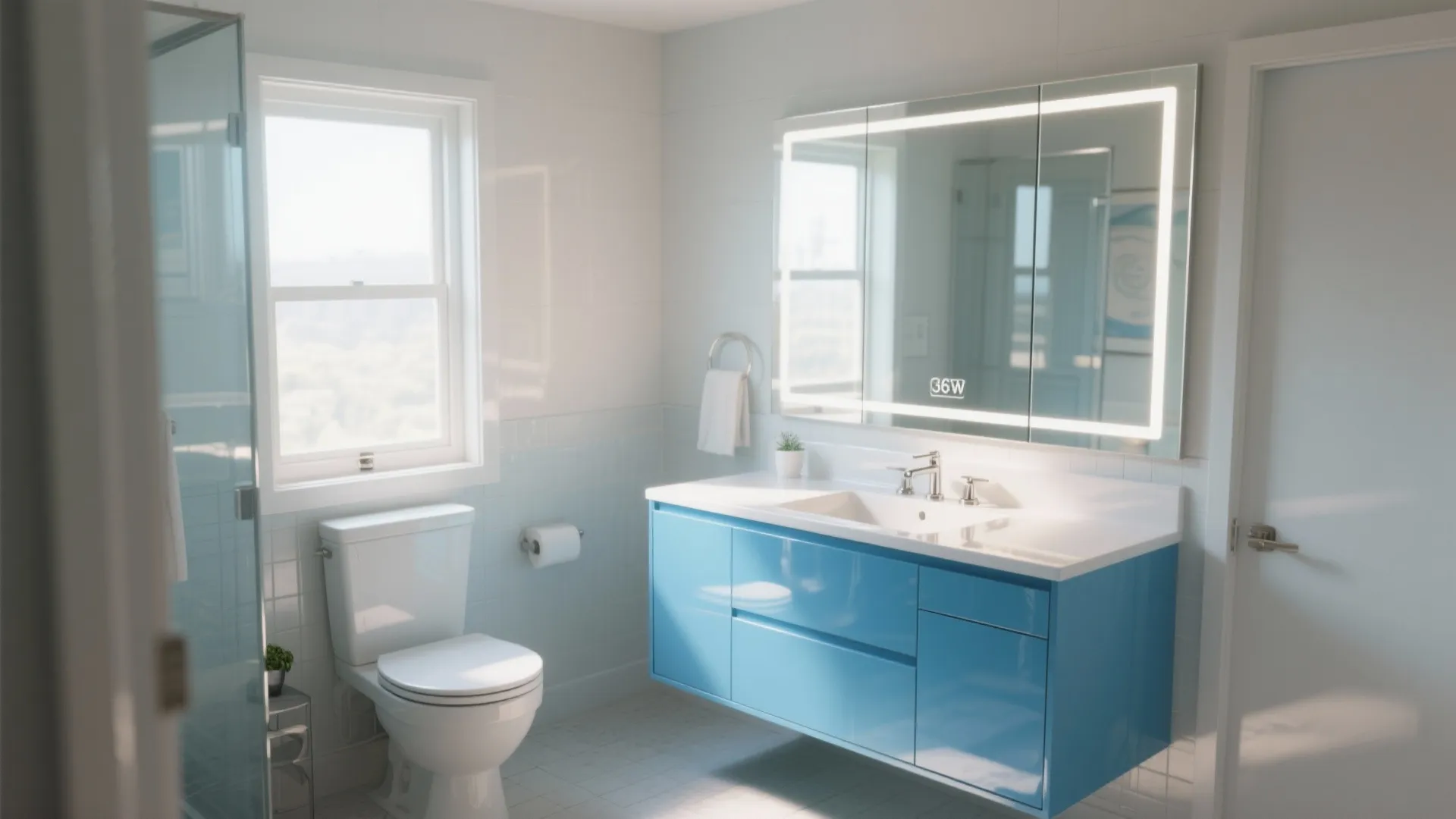 4. Glossy Sky-Blue Lacquer for Small Bathrooms